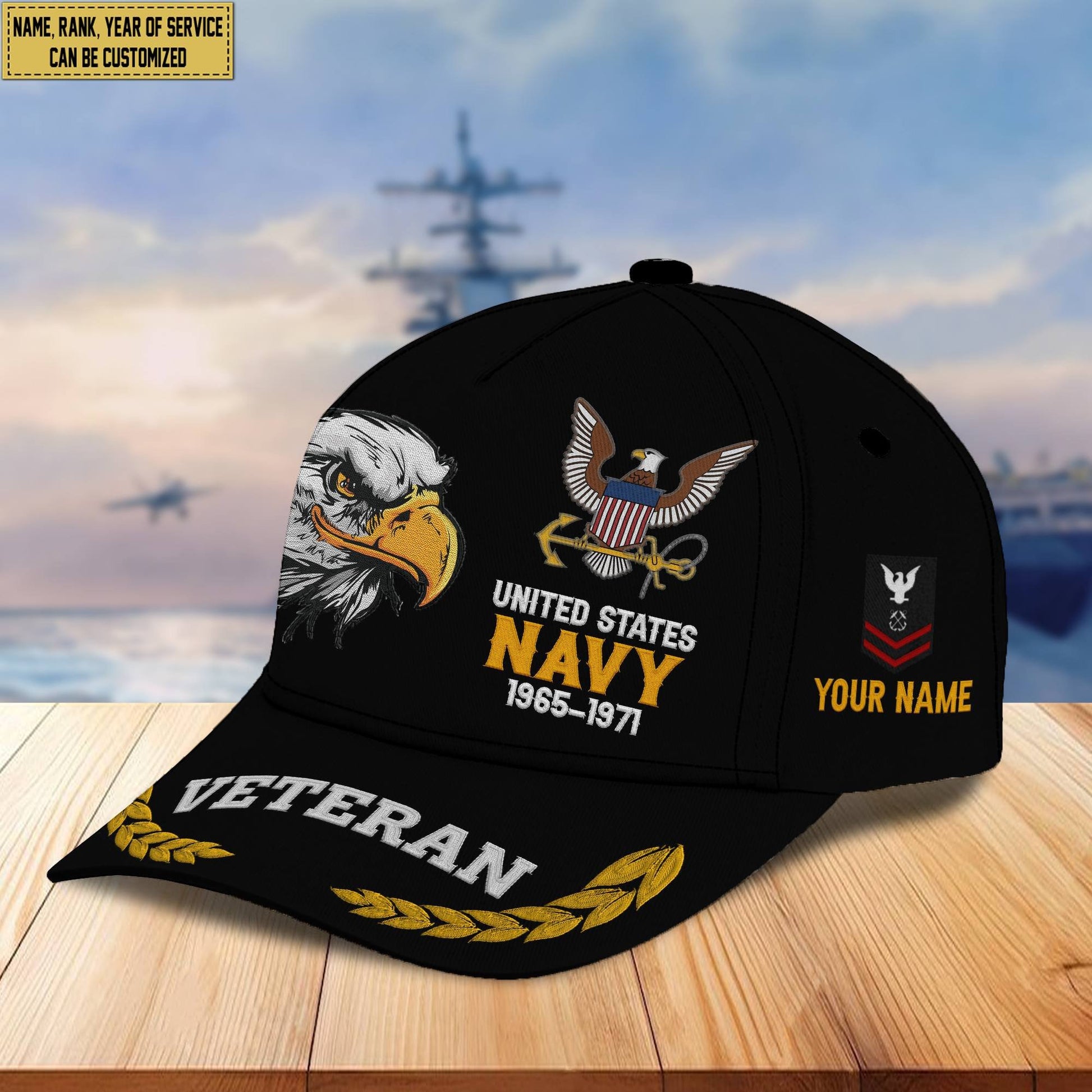Premium Custom Name, Rank, US Navy Embroidered Cap VPVC301602, Hat for Navy Veteran, Gifts for Father's Day, Veterans Day