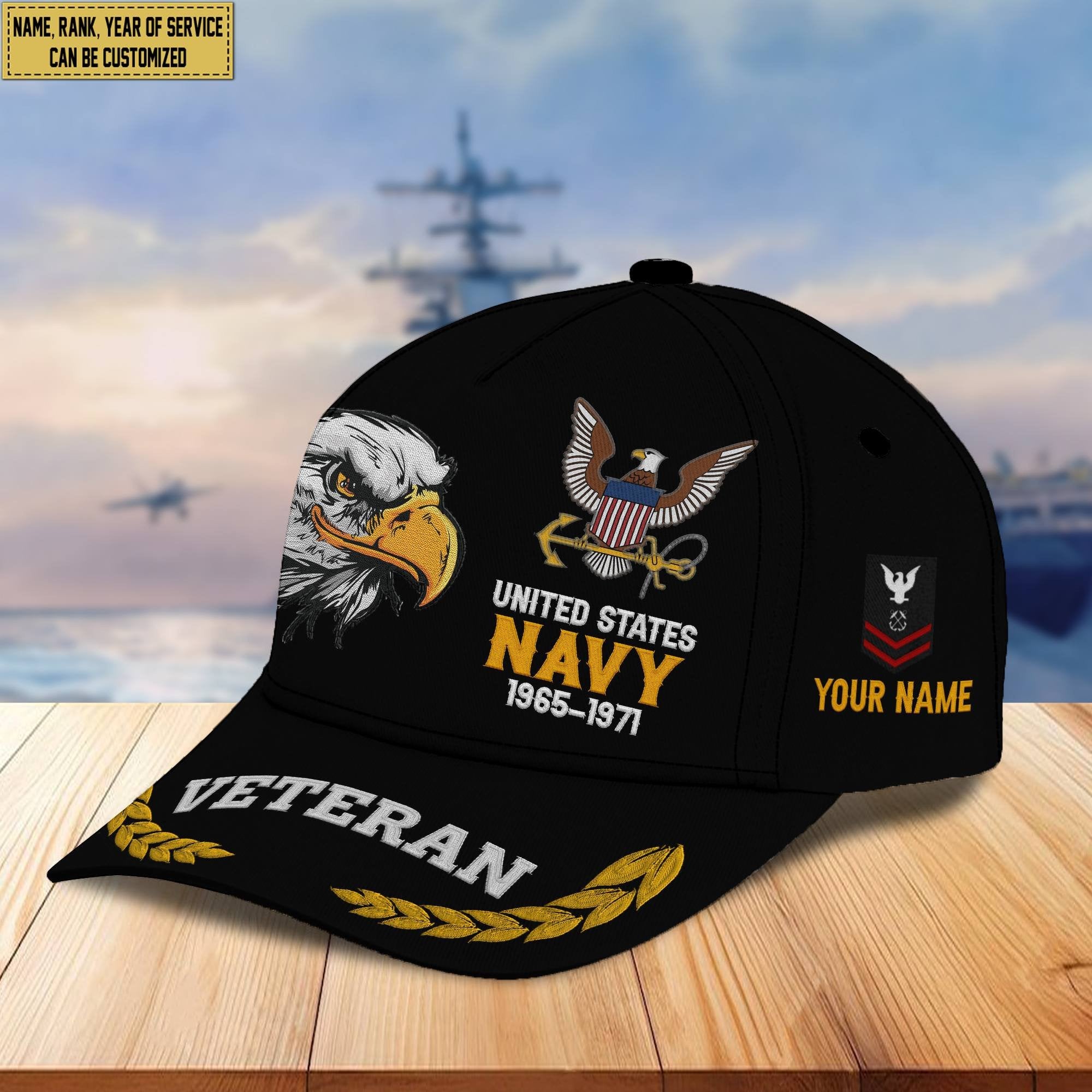 Premium Custom Name, Rank, US Navy Embroidered Cap VPVC301602, Hat for Navy Veteran, Gifts for Father's Day, Veterans Day