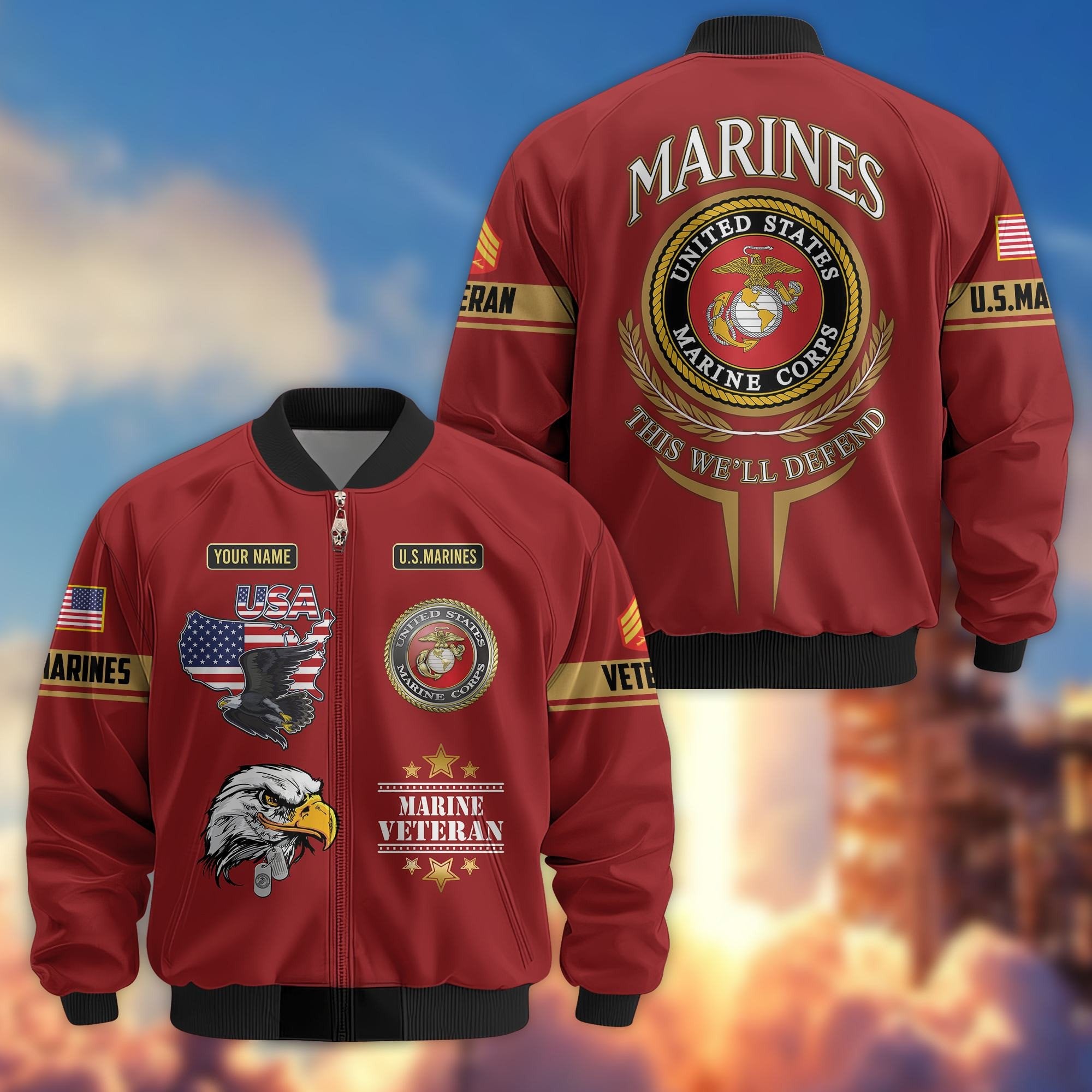 Premium Custom USMC Veteran Bomber Jacket VPVC801803, Jacket For Marine Veteran, For Father's Day, Armed Force Day, Independence Day, Veterans Day.