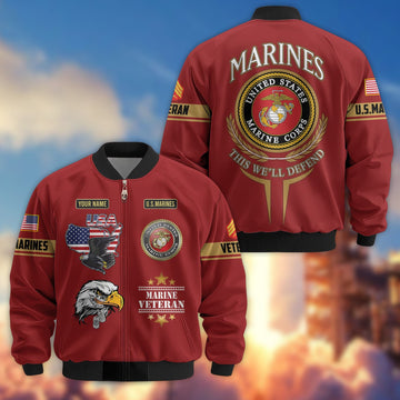 Premium Custom USMC Veteran Bomber Jacket VPVC801803, Jacket For Marine Veteran, For Father's Day, Armed Force Day, Independence Day, Veterans Day.