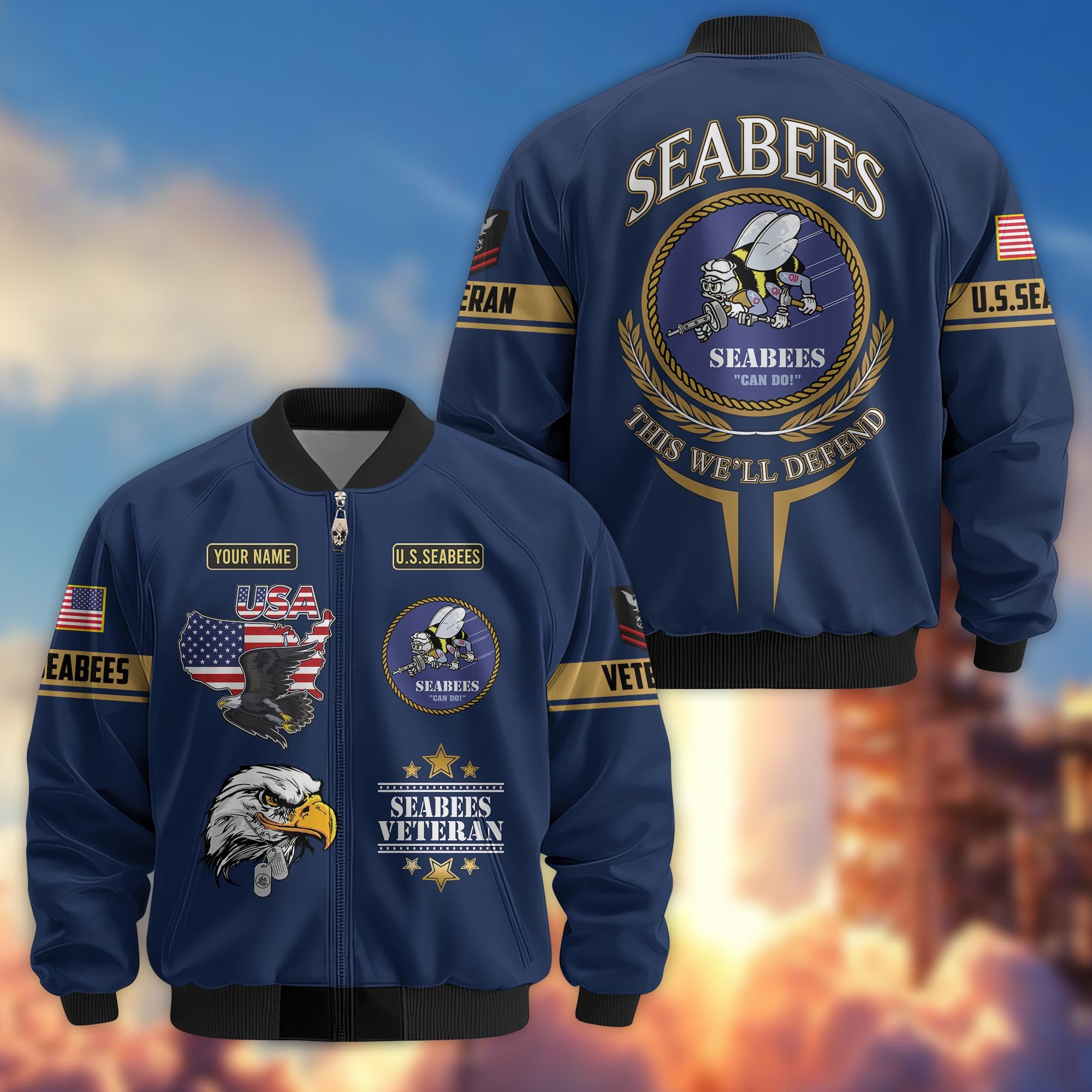 Premium Custom US Seabees Bomber Jacket VPVC801809, Jacket For Seabees Veteran, For Father's Day, Armed Force Day, Independence Day, Veterans Day.