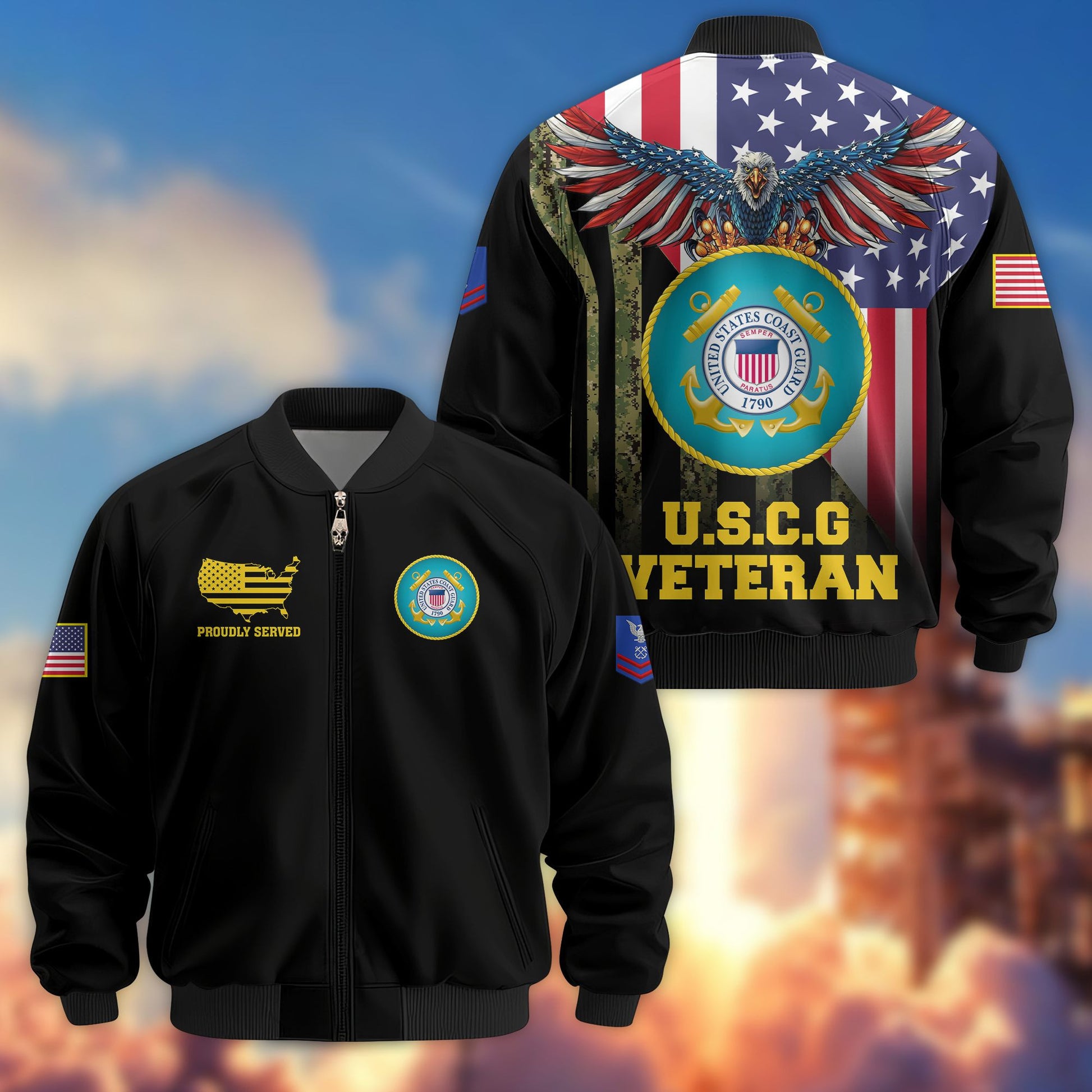 Premium Custom USCG Veteran Bomber Jacket VPVC801705, Jacket For Coast Guard Veteran, For Father's Day, Armed Force Day, Independence Day, Veterans Day.