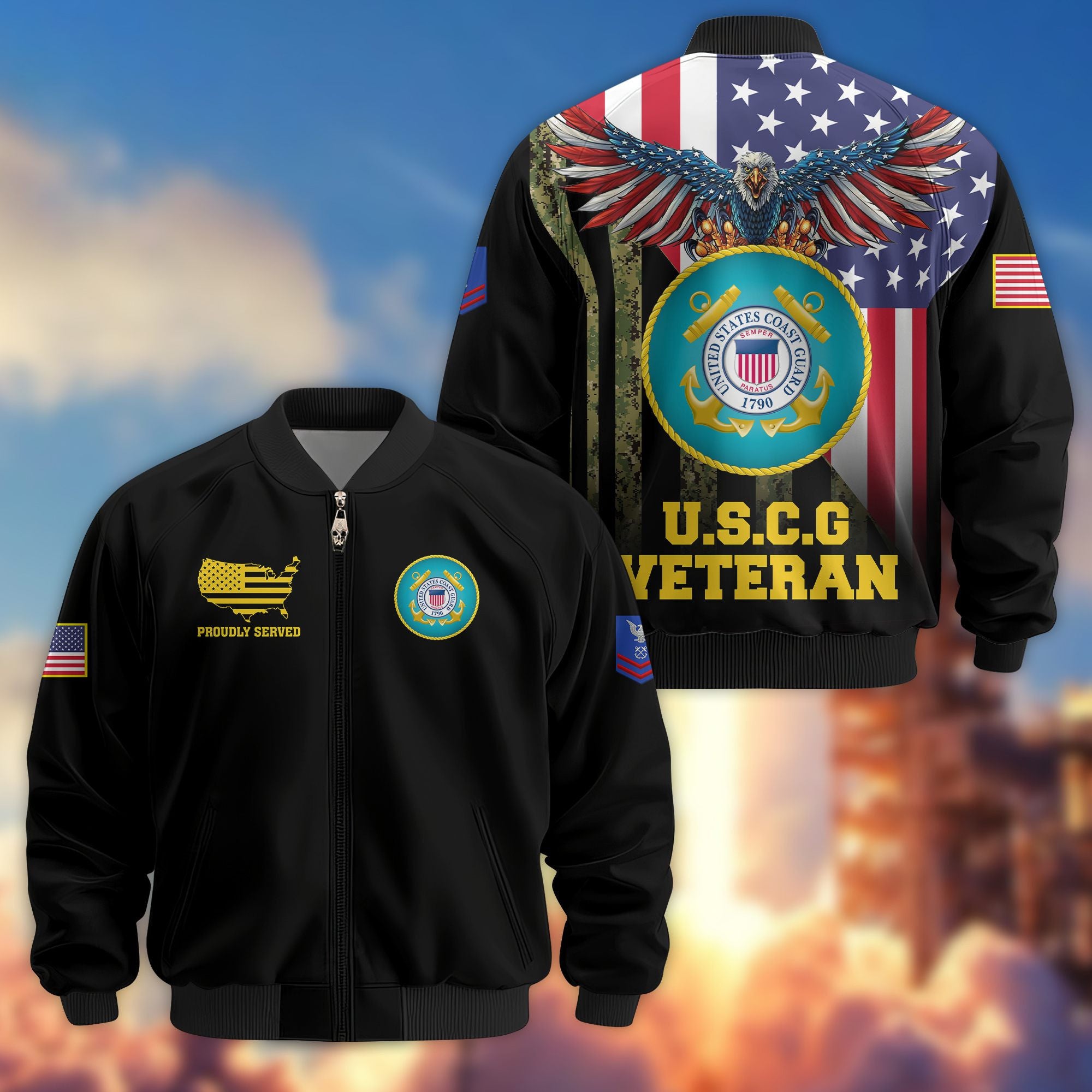 Premium Custom USCG Veteran Bomber Jacket VPVC801705, Jacket For Coast Guard Veteran, For Father's Day, Armed Force Day, Independence Day, Veterans Day.