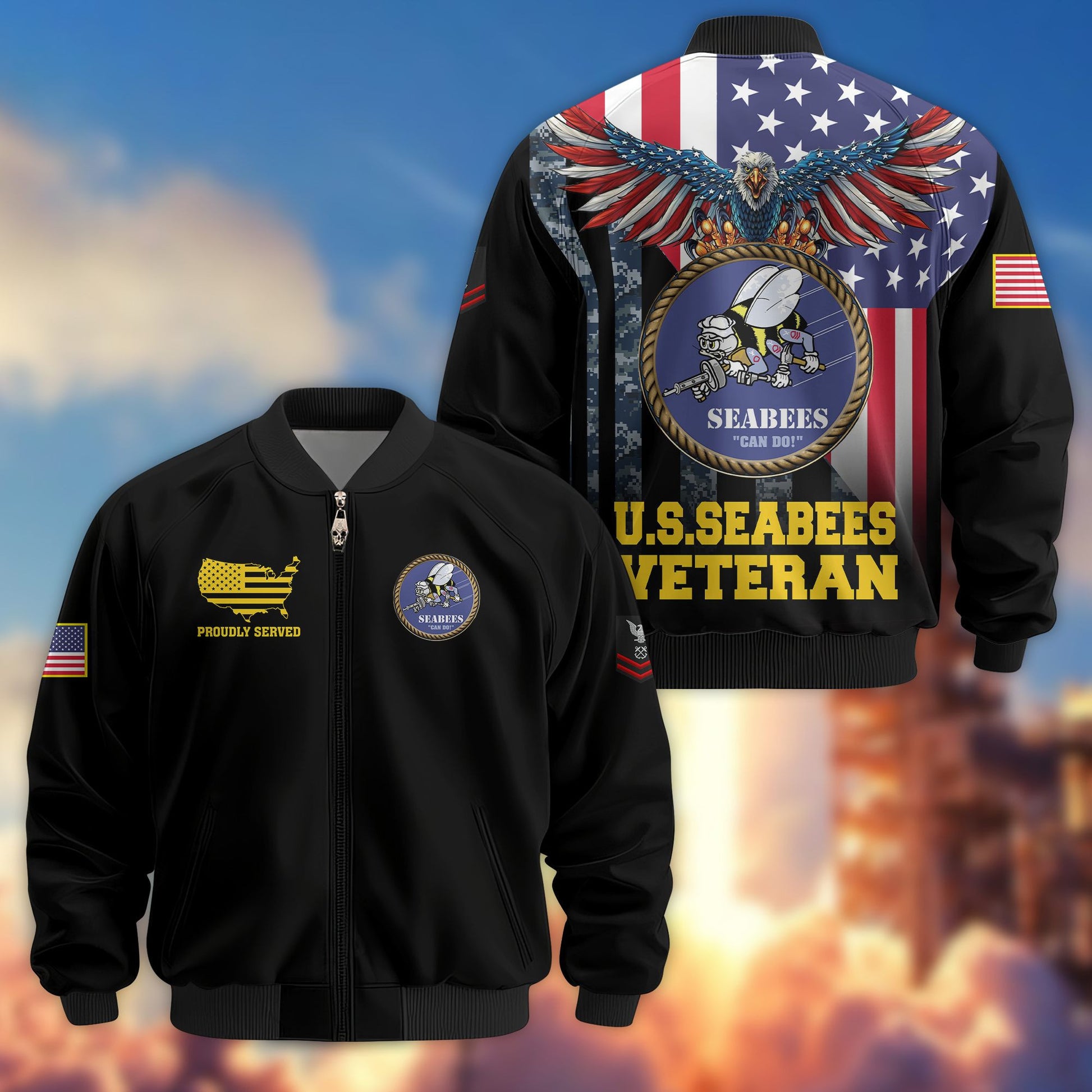Premium Custom US Seabees Bomber Jacket VPVC801709, Jacket For Seabees Veteran, For Father's Day, Armed Force Day, Independence Day, Veterans Day.
