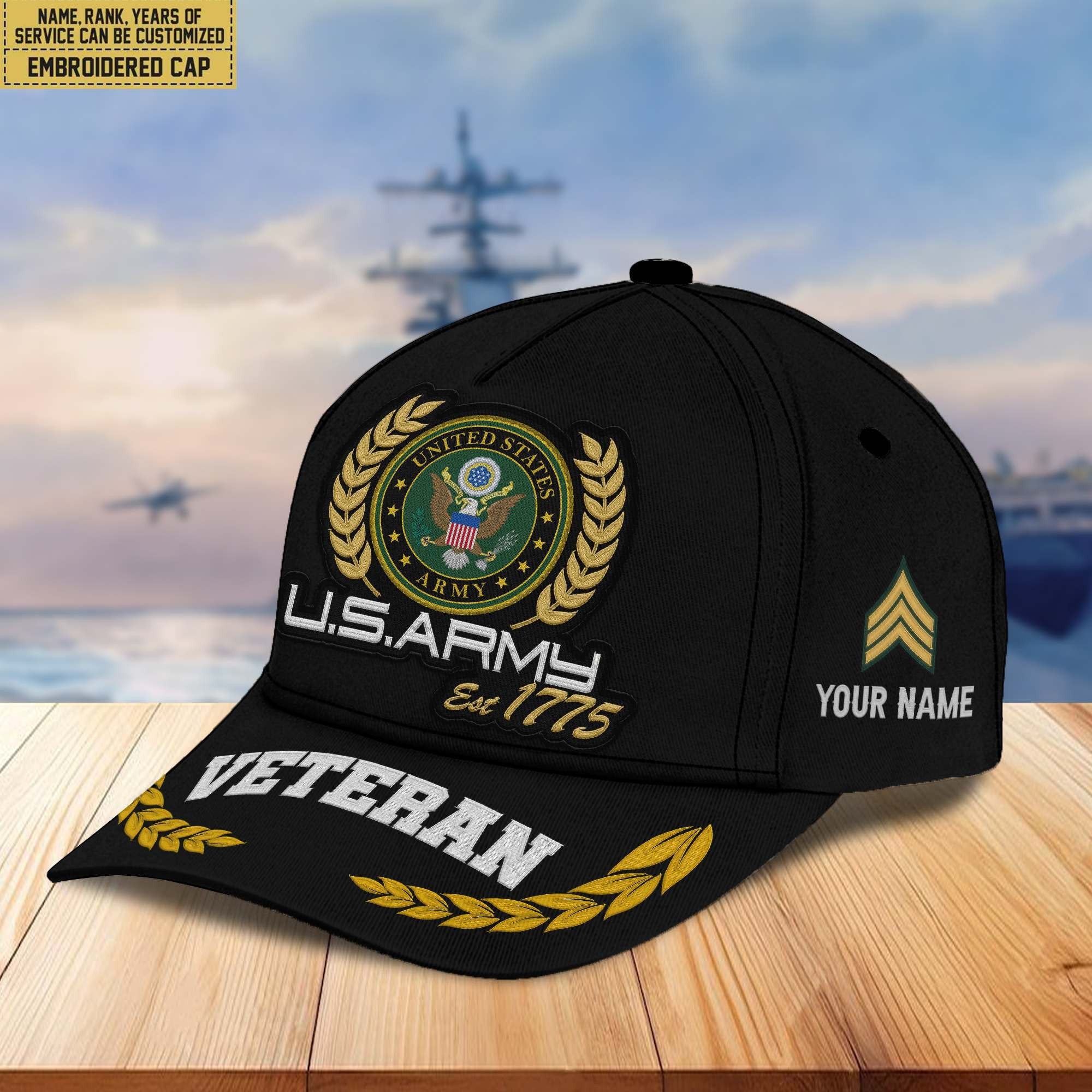Premium Custom Name, Rank, US Army Embroidered Cap VPVC302001, Hat for Army Veteran, Gifts for Father's Day, Veterans Day