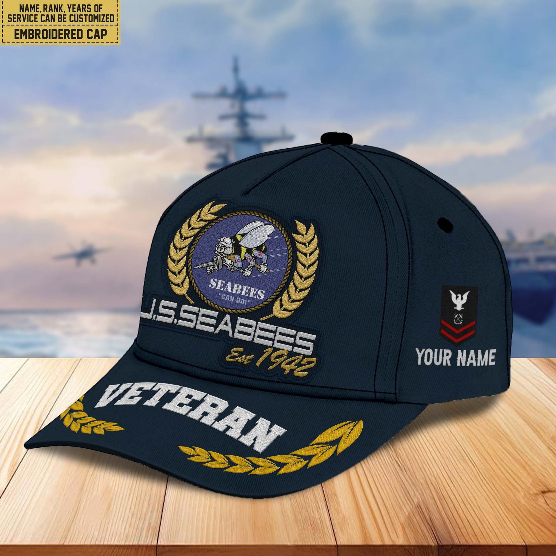 Premium Custom Name, Rank US Seabees Veteran Embroidered Cap VPVC302009, Hat for US Veteran, Gifts for Father's Day, Veterans Day