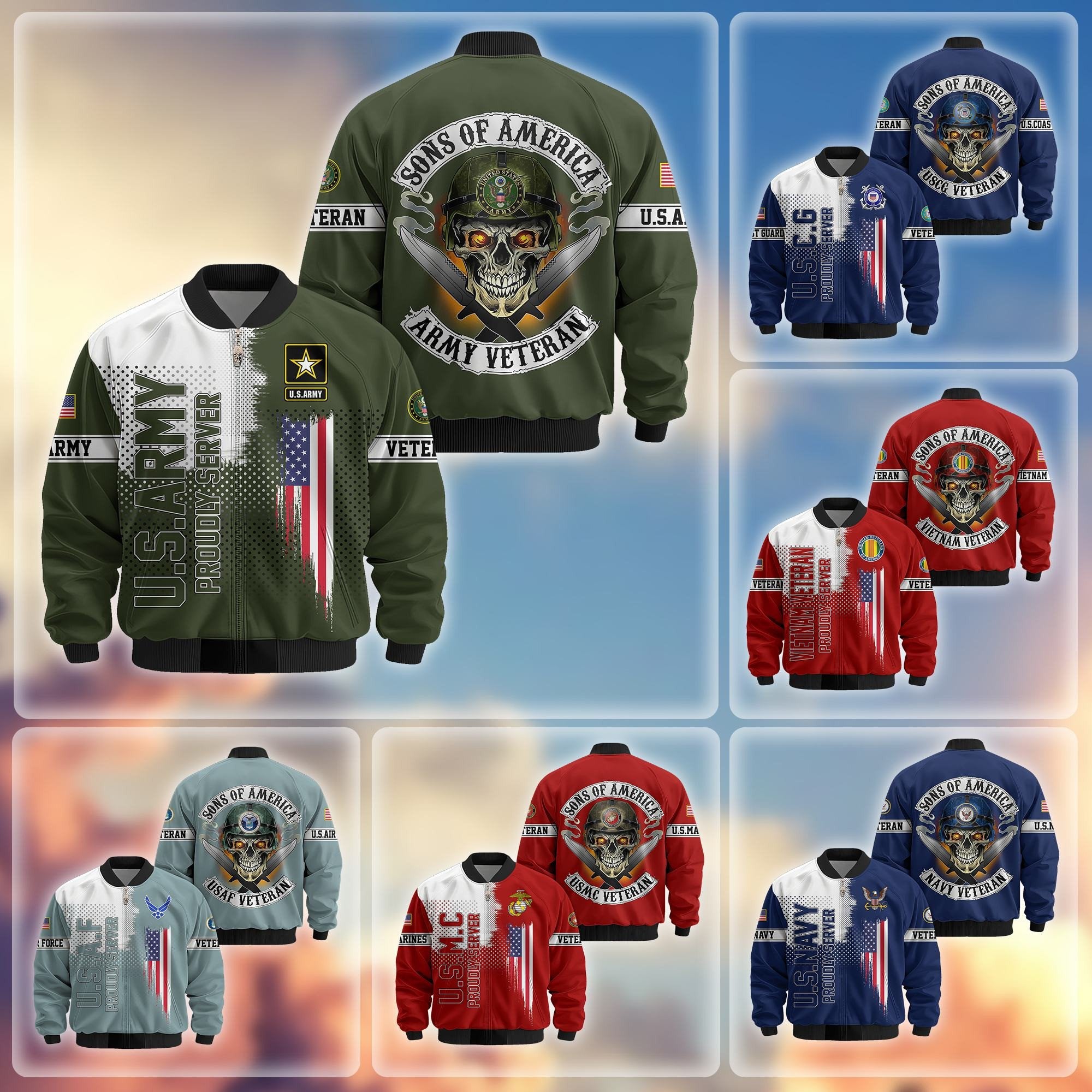 Premium Sons Of America US Veterans Bomber Jacket BPHN060111, Gifts For US Veterans, Gifts For Dad, Gifts On Father's Day, Veterans Day.