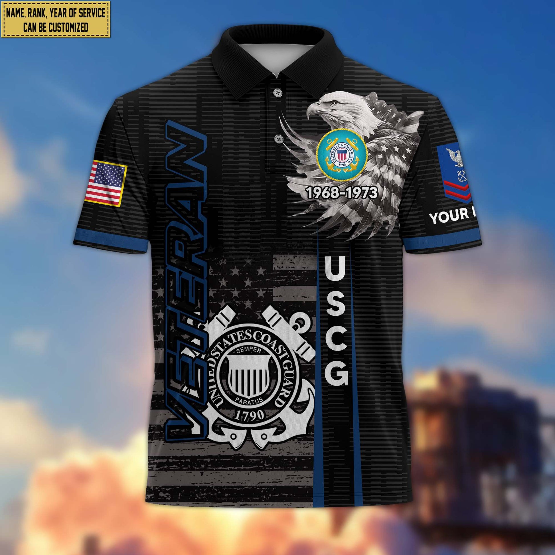 Premium USCG Polo Shirt VPVC205405, Custom Name, Rank, Year, Gifts for Coast Guard Veteran, Gifts For Dad, Gifts On Father's Day, Independence Day, Veterans Day.