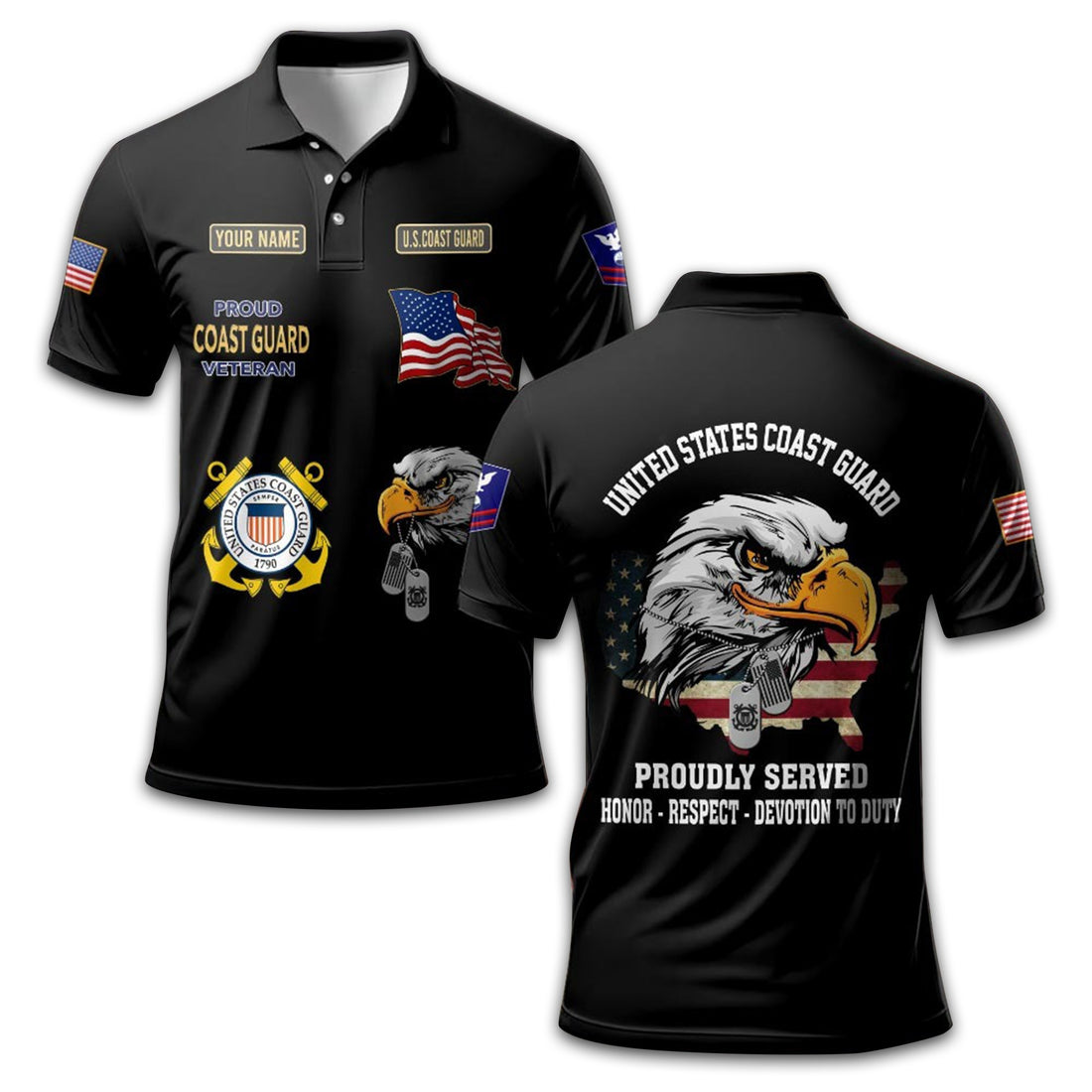 Premium USCG Polo Shirt VPVC212210, Custom Name, Rank Gifts For Coast Guard Veteran, Best Gifts On Father's Day, Armed Forces Day, Independence Day, Veterans Day.