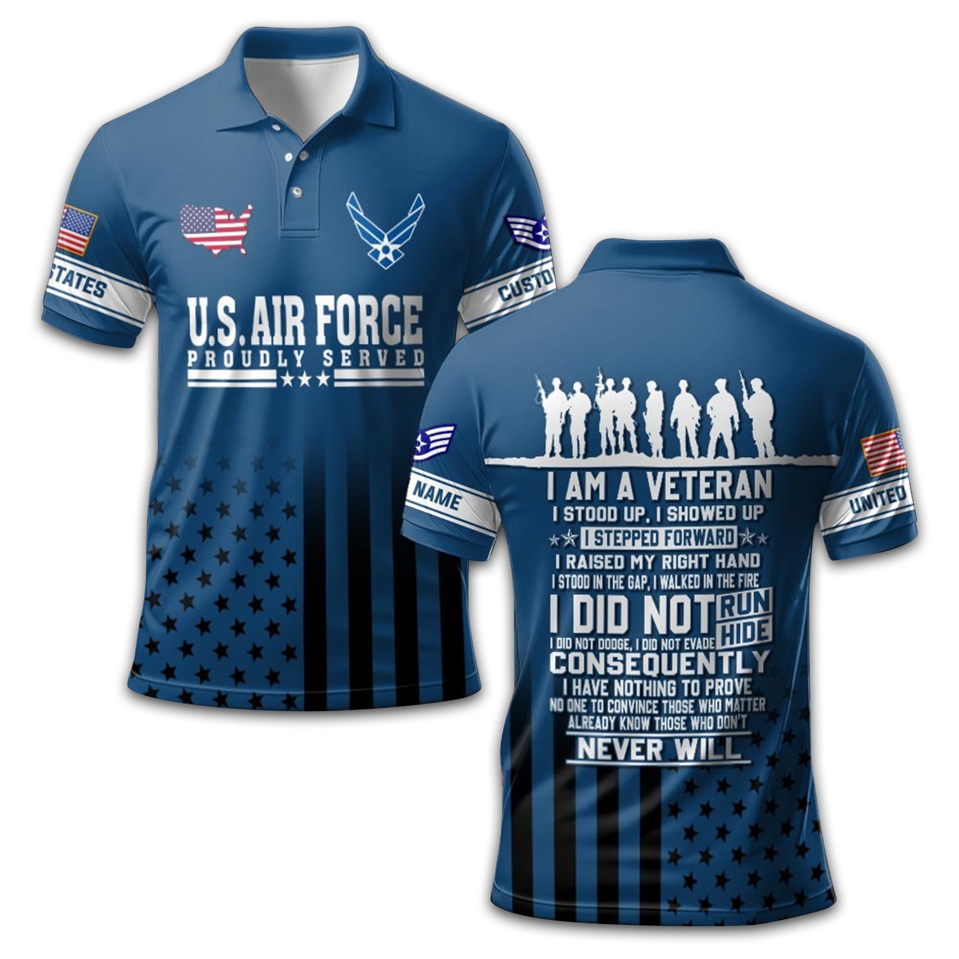Premium USAF Polo Shirt VPVC213209, Custom Name, Rank Gifts For Air Force Veteran, Best Gifts On Father's Day, Armed Forces Day, Independence Day, Veterans Day.