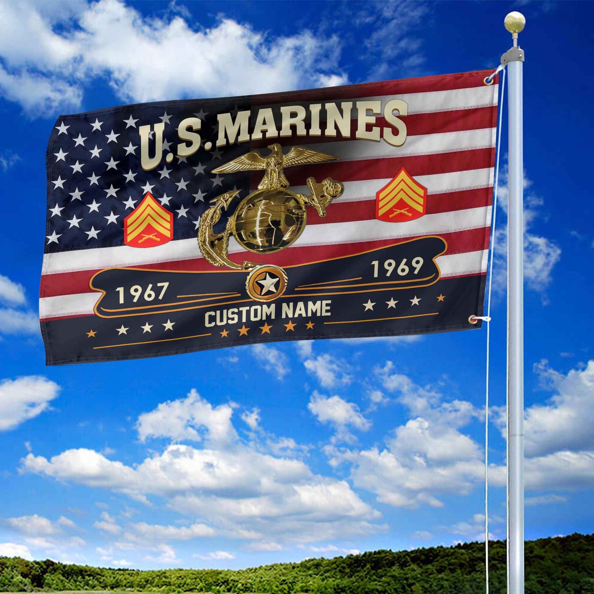 Premium USMC Grommet Flag VPVC108903, Custom Name, Rank, Year, Gifts For Marine Veteran, Best Gifts On Father's Day, Armed Forces Day, Independence Day, Veterans Day.