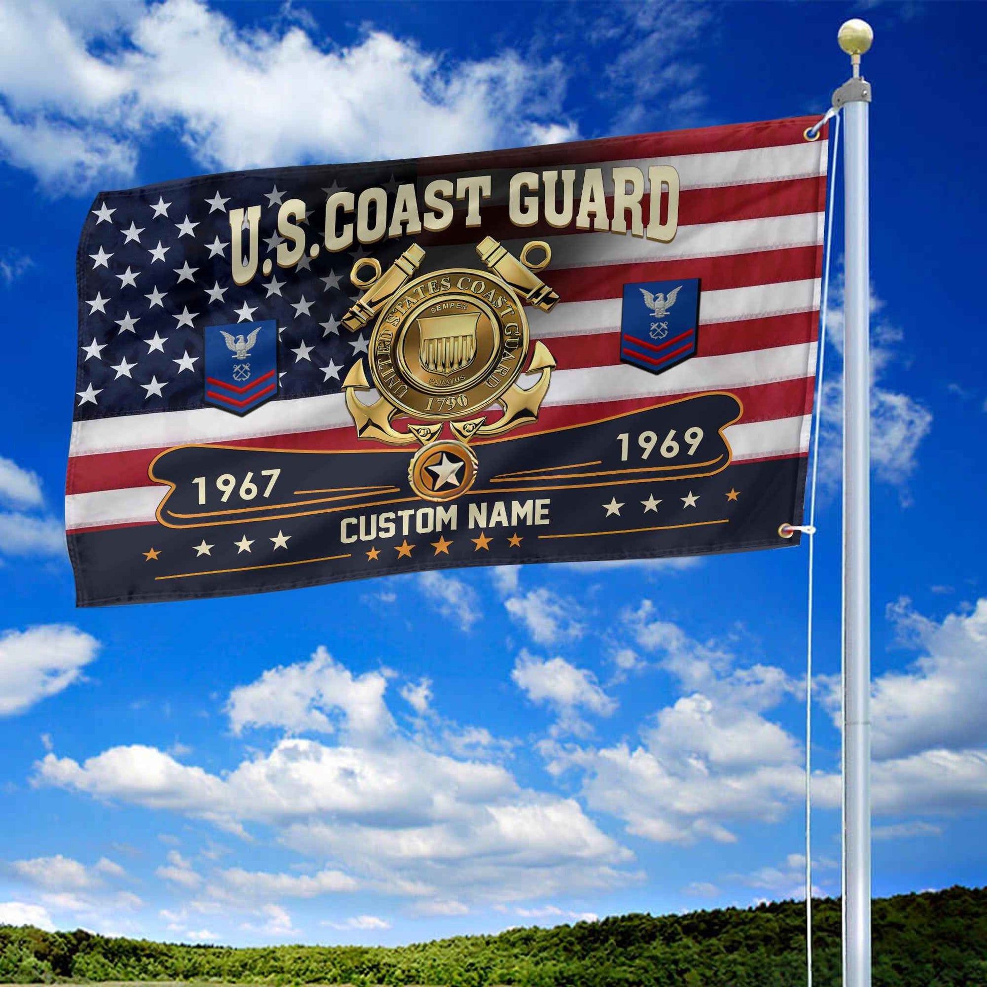 Premium USCG Grommet Flag VPVC108905, Custom Name, Rank, Year, Gifts For Coast Guard Veteran, Best Gifts On Father's Day, Armed Forces Day, Independence Day, Veterans Day.