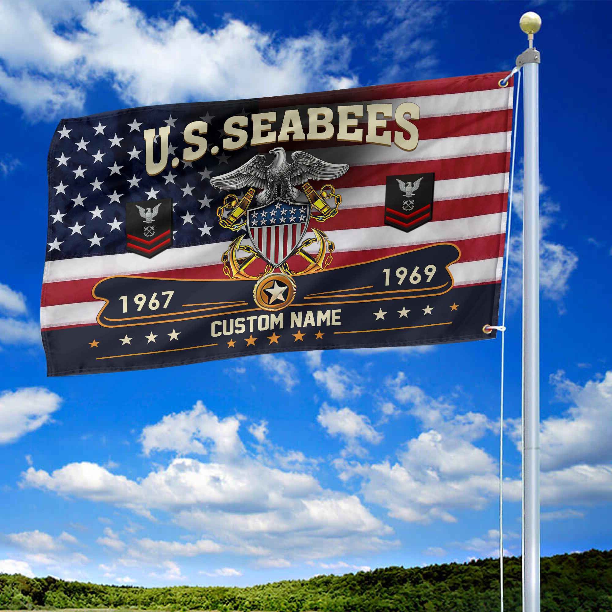 Premium US Seabees Grommet Flag VPVC108909, Custom Name, Rank, Year, Gifts For Seabees Veteran, Best Gifts On Father's Day, Armed Forces Day, Independence Day, Veterans Day.