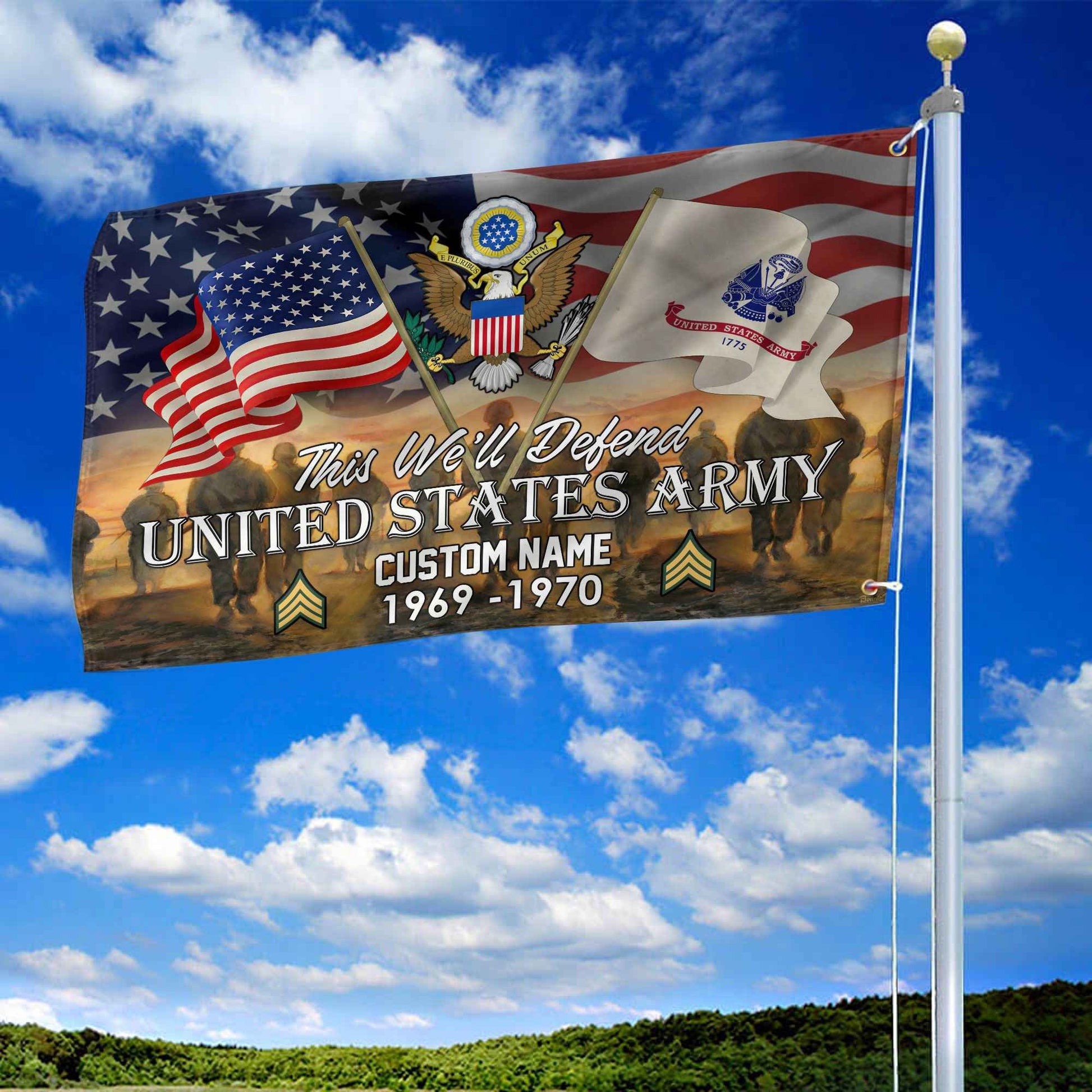 Unique Custom Name, Rank, Year, US Army Grommet Flag VPVC109101, Gifts For Army Veteran, Gifts For Dad, For Husband, Best Gifts On Father's Day, Independence Day, Veterans Day.