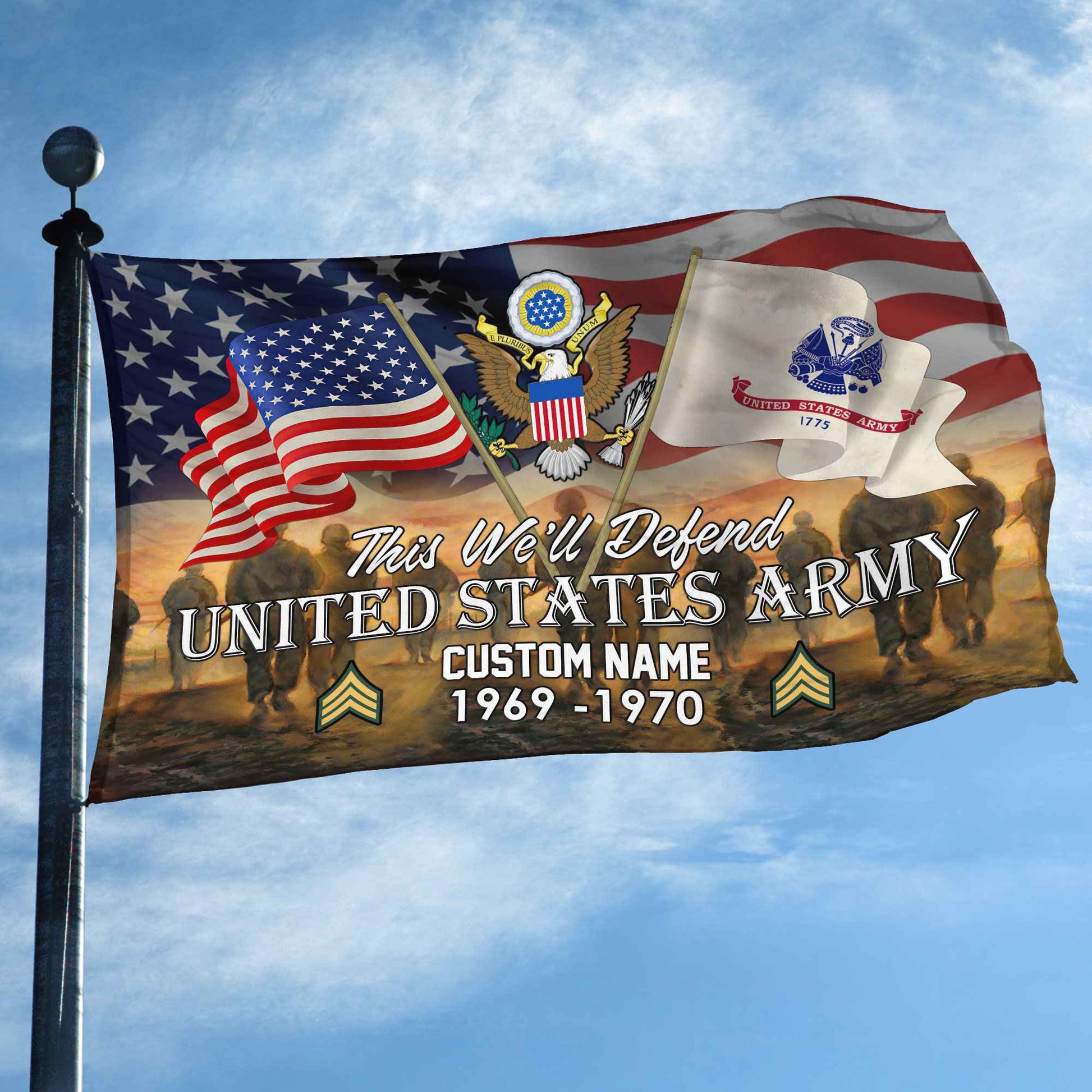 Unique Custom Name, Rank, Year, US Army Grommet Flag VPVC109101, Gifts For Army Veteran, Gifts For Dad, For Husband, Best Gifts On Father's Day, Independence Day, Veterans Day.