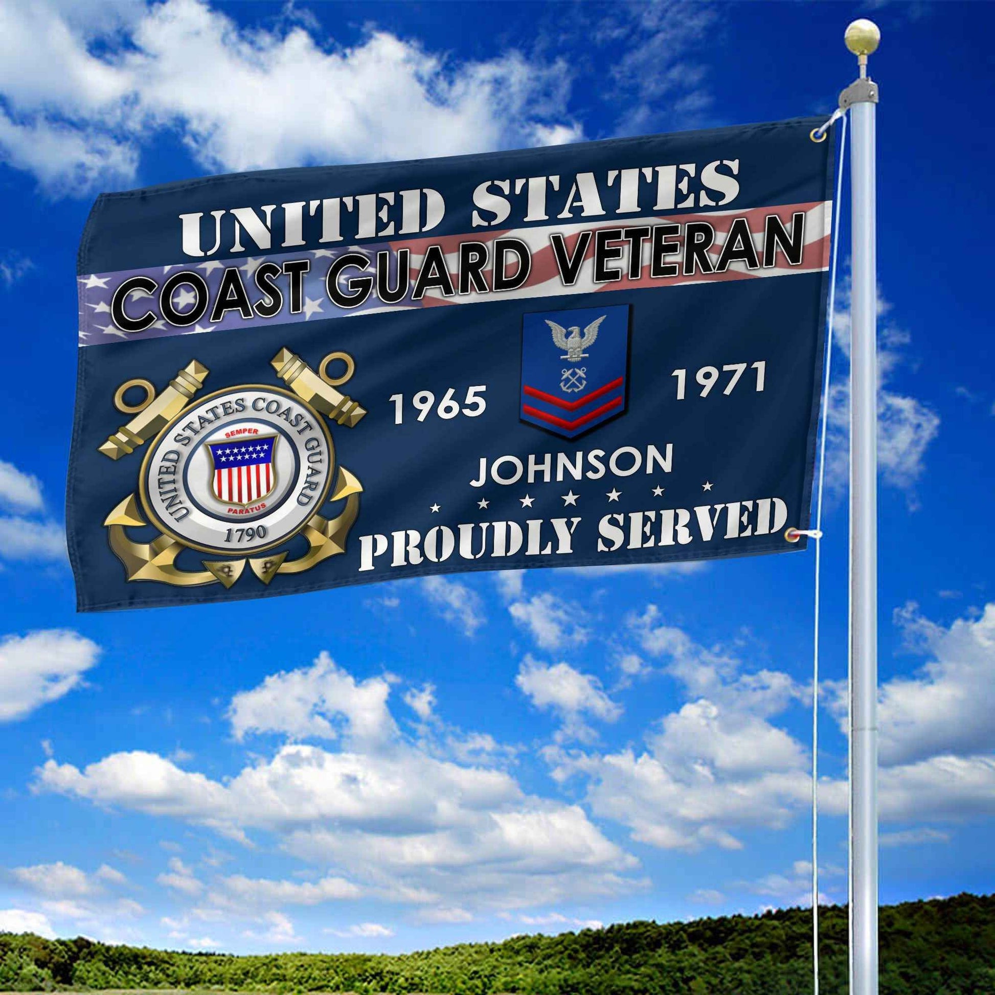 Premium USCG Grommet Flag VPVC109405, Custom Name, Rank, Year, Gifts For Coast Guard Veteran, Best Gifts On Father's Day, Armed Forces Day, Independence Day, Veterans Day.
