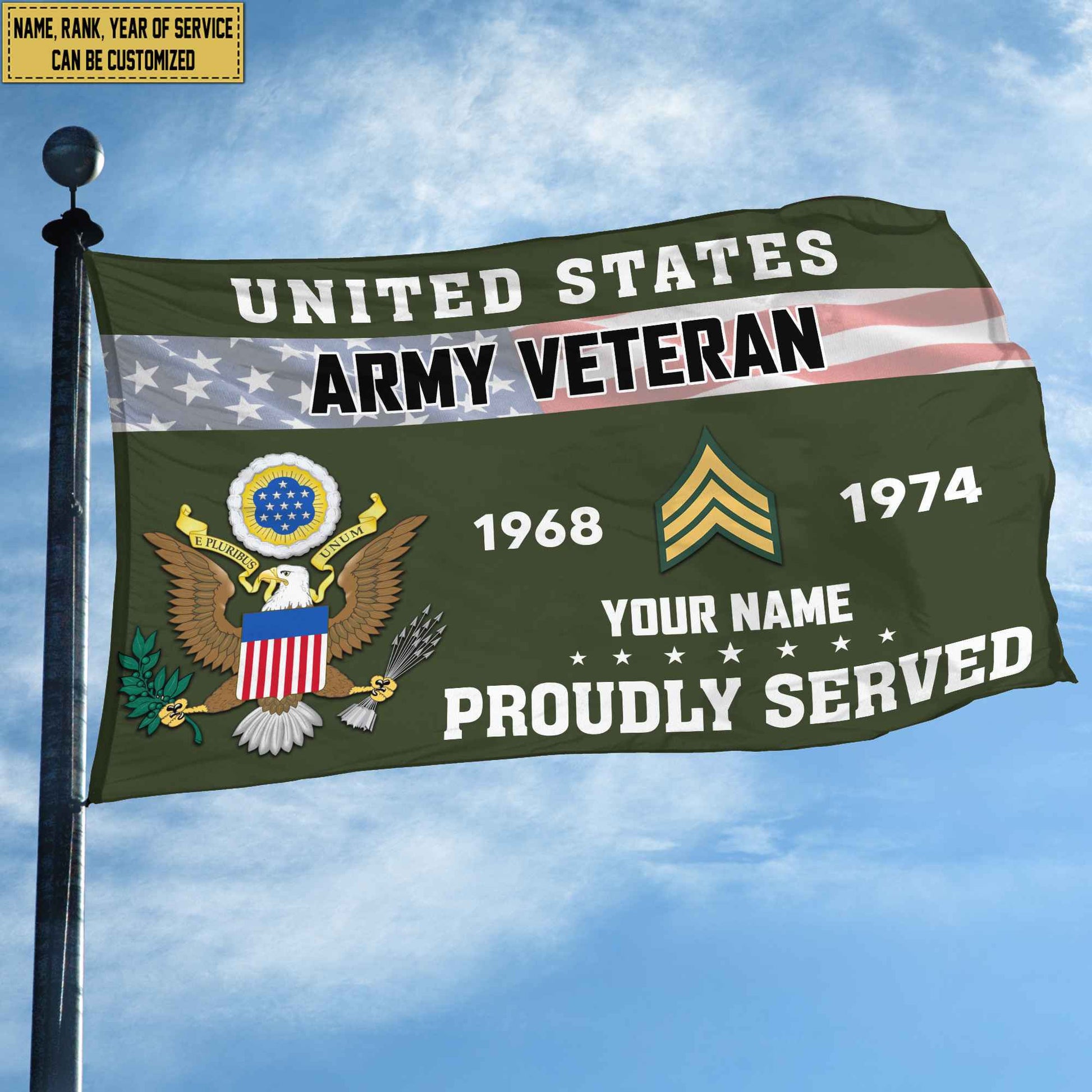 Premium US Army Grommet Flag VPVC105501, Custom Name, Rank, Year, Gifts For Army Veteran, Best Gifts On Father's Day, Armed Forces Day, Independence Day, Veterans Day.