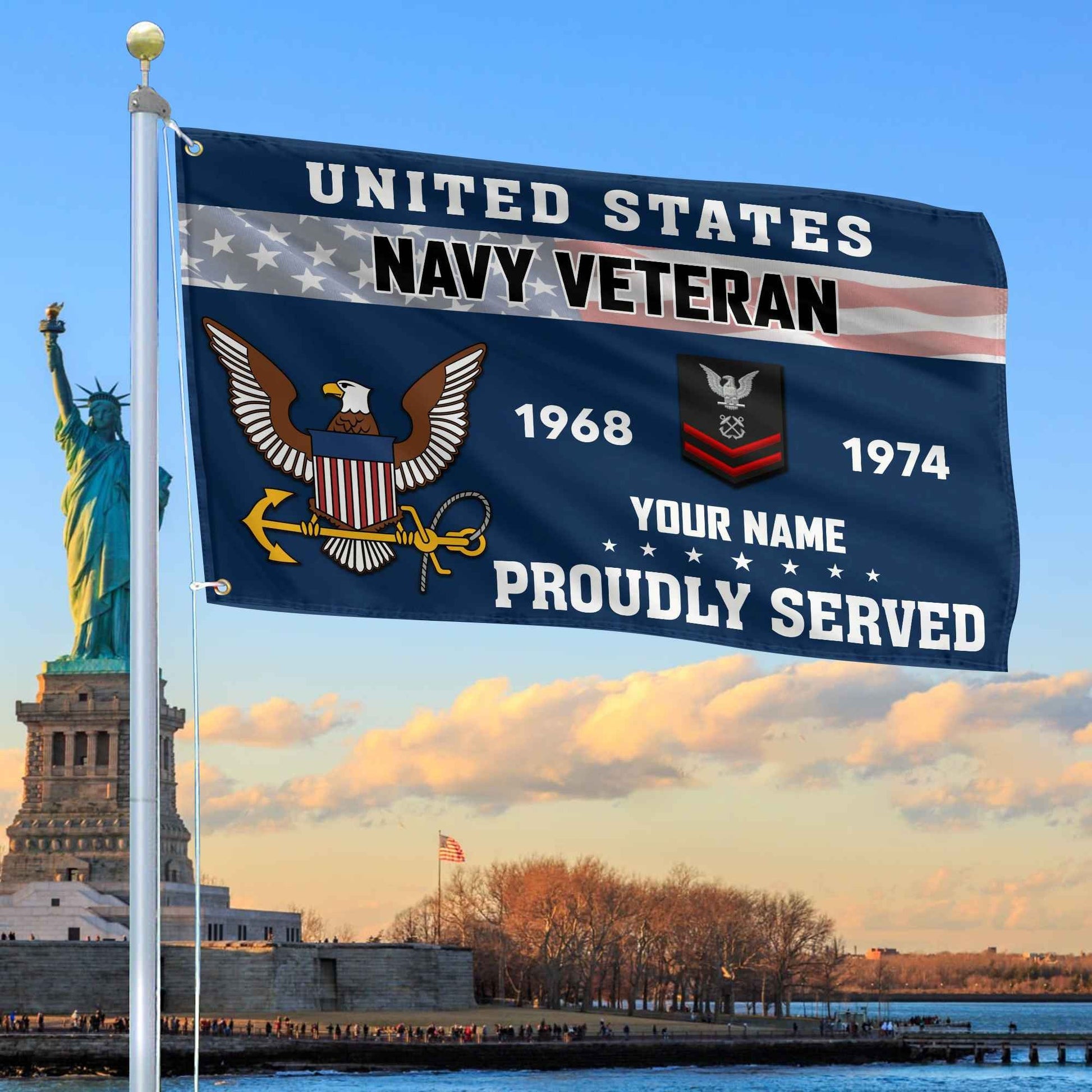 Premium US Navy Grommet Flag VPVC105502, Custom Name, Rank, Year, Gifts For Navy Veteran, Best Gifts On Father's Day, Armed Forces Day, Independence Day, Veterans Day.