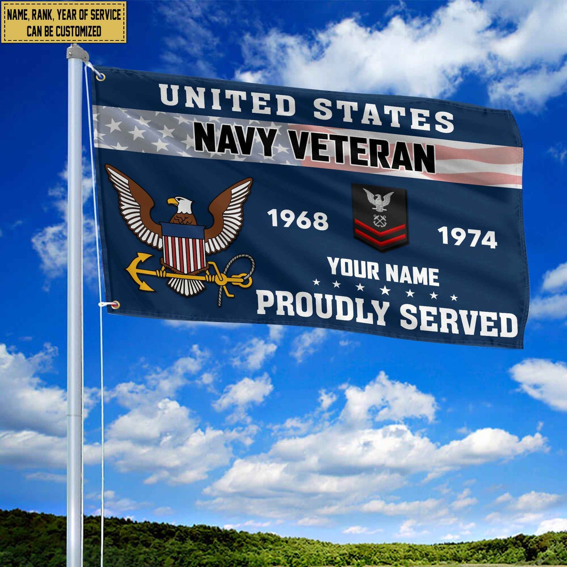 Premium US Navy Grommet Flag VPVC105502, Custom Name, Rank, Year, Gifts For Navy Veteran, Best Gifts On Father's Day, Armed Forces Day, Independence Day, Veterans Day.