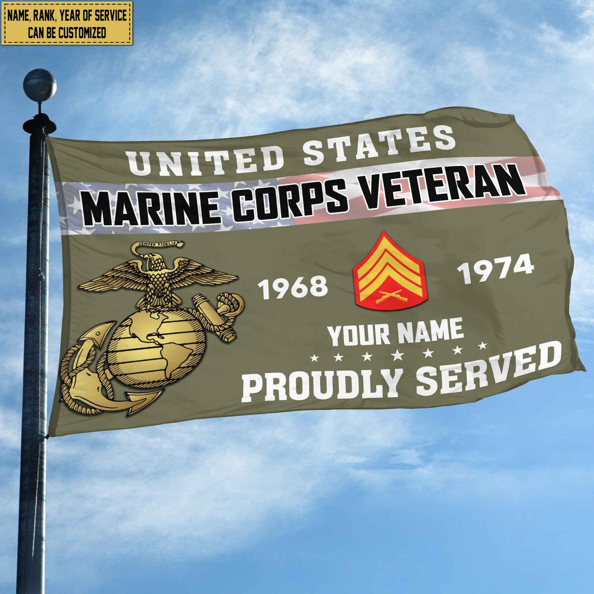 Premium USMC Grommet Flag VPVC105511, Custom Name, Rank, Year, Gifts For Marine Veteran, Best Gifts On Father's Day, Armed Forces Day, Independence Day, Veterans Day.
