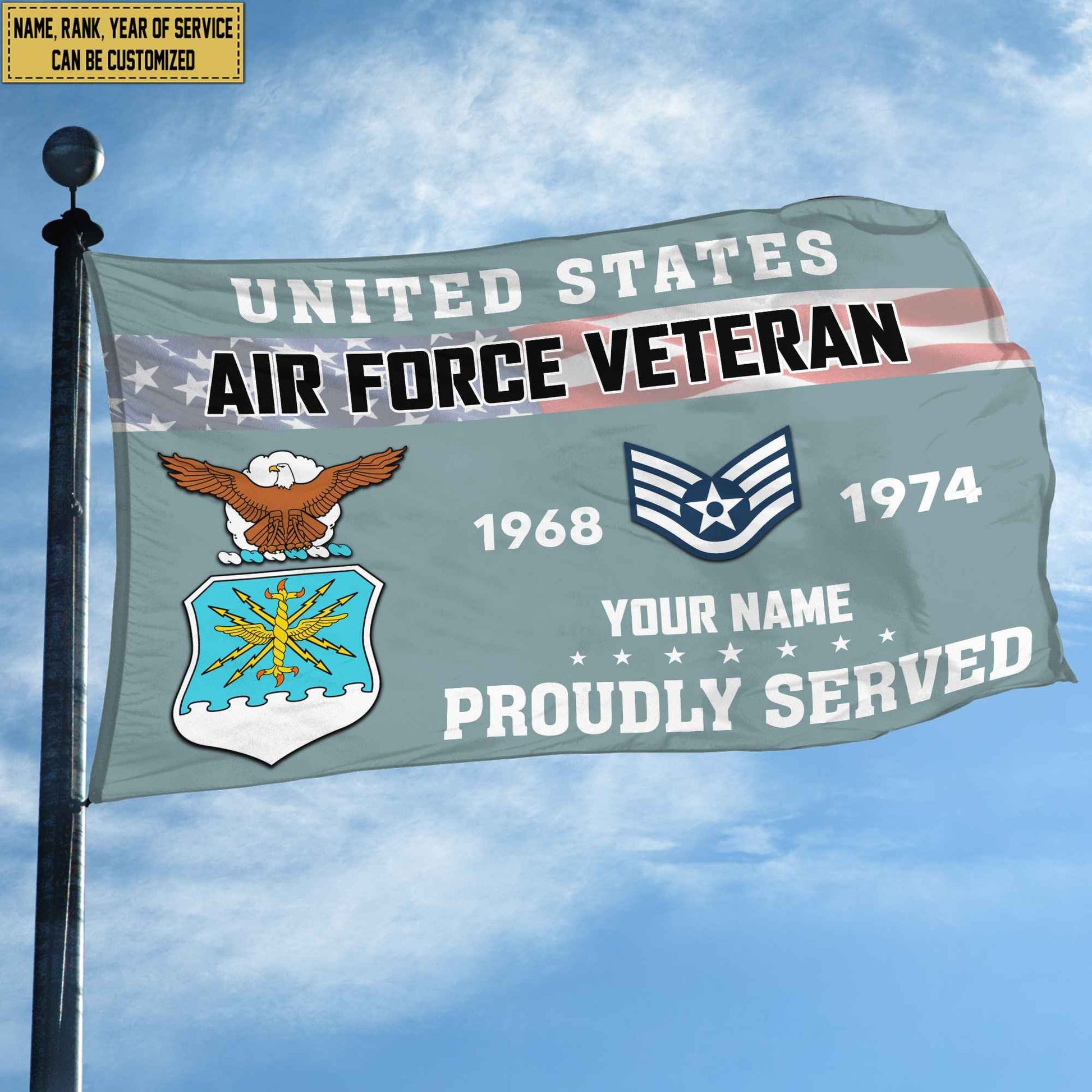 Premium USAF Grommet Flag VPVC105504, Custom Name, Rank, Year, Gifts For Air Force Veteran, Best Gifts On Father's Day, Armed Forces Day, Independence Day, Veterans Day.
