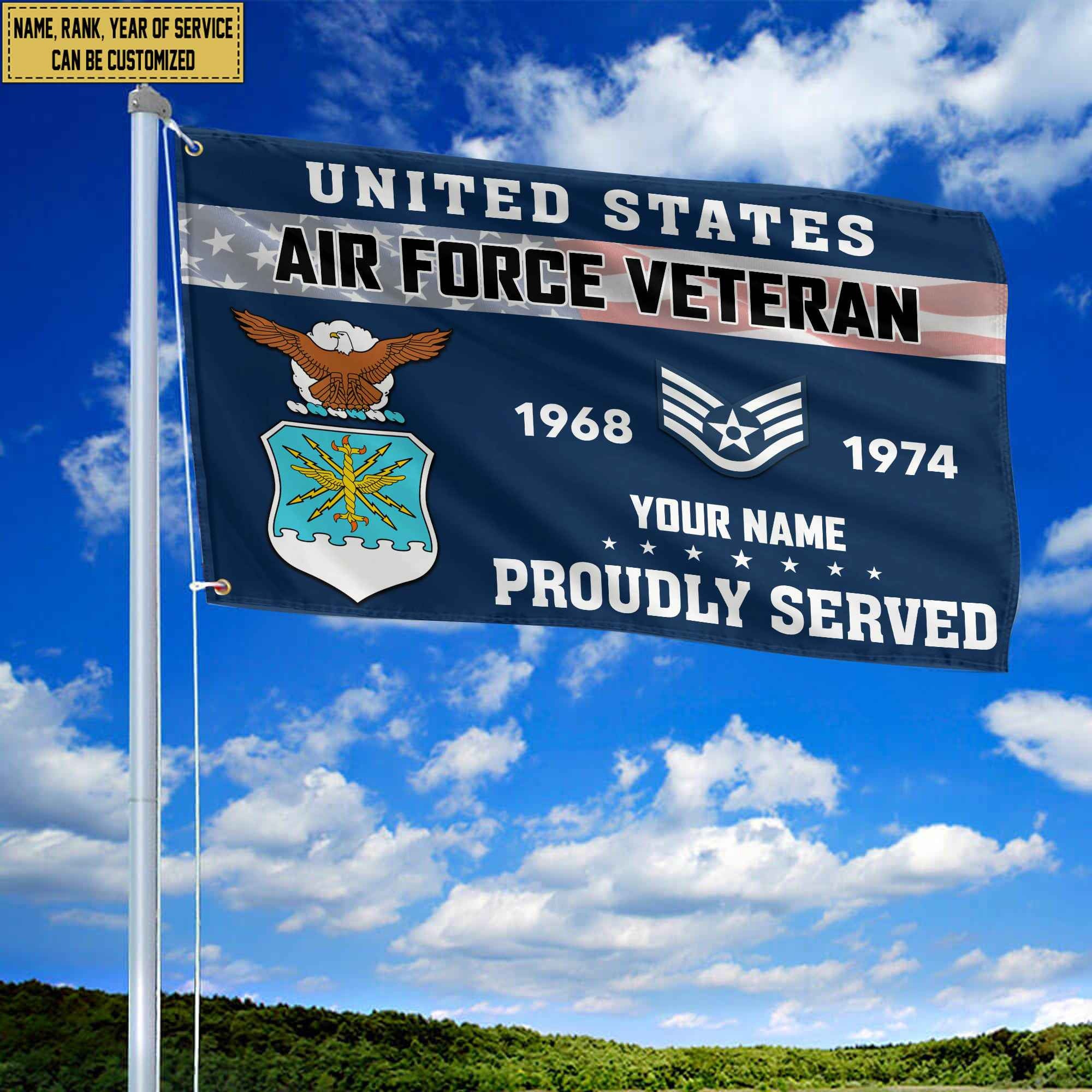 Premium USAF Grommet Flag VPVC105512, Custom Name, Rank, Year, Gifts For Air Force Veteran, Best Gifts On Father's Day, Armed Forces Day, Independence Day, Veterans Day.