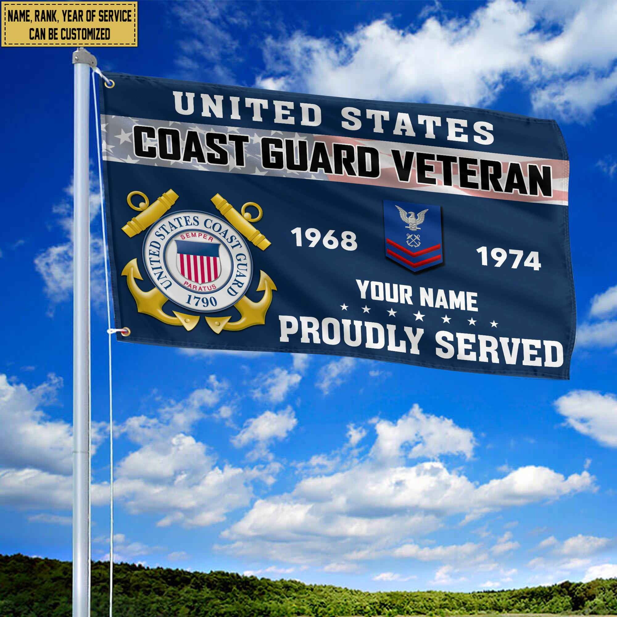 Premium USCG Grommet Flag VPVC105505, Custom Name, Rank, Year, Gifts For Coast Guard Veteran, Best Gifts On Father's Day, Armed Forces Day, Independence Day, Veterans Day.