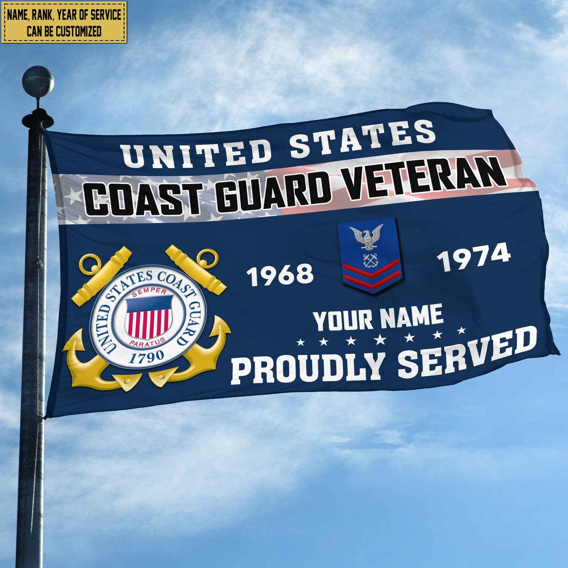Premium USCG Grommet Flag VPVC105505, Custom Name, Rank, Year, Gifts For Coast Guard Veteran, Best Gifts On Father's Day, Armed Forces Day, Independence Day, Veterans Day.