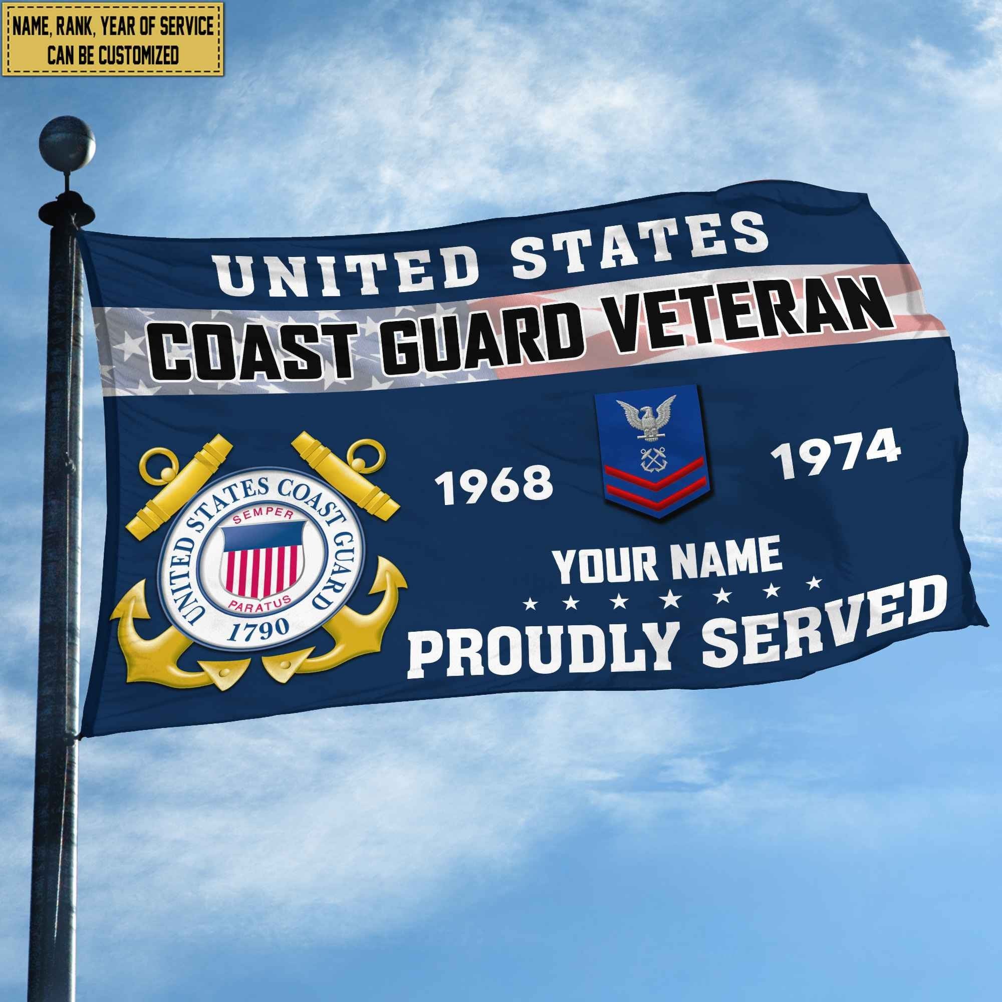 Premium USCG Grommet Flag VPVC105505, Custom Name, Rank, Year, Gifts For Coast Guard Veteran, Best Gifts On Father's Day, Armed Forces Day, Independence Day, Veterans Day.