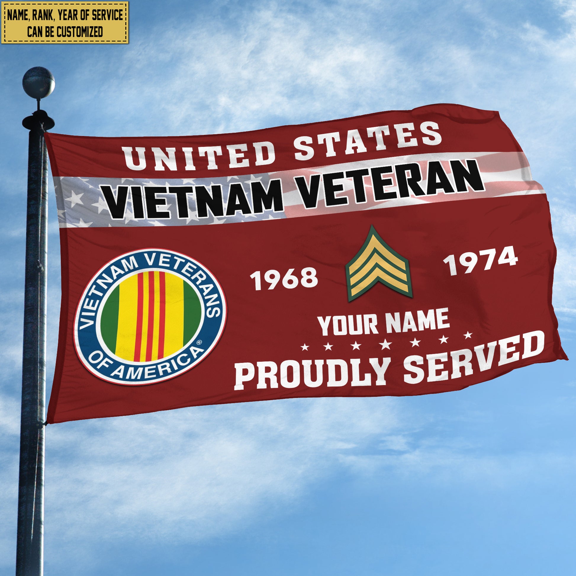 Premium Vietnam Veteran Grommet Flag VPVC105506, Custom Name, Rank, Year, Gifts For Vietnam Veteran, Best Gifts On Father's Day, Armed Forces Day, Independence Day, Veterans Day.