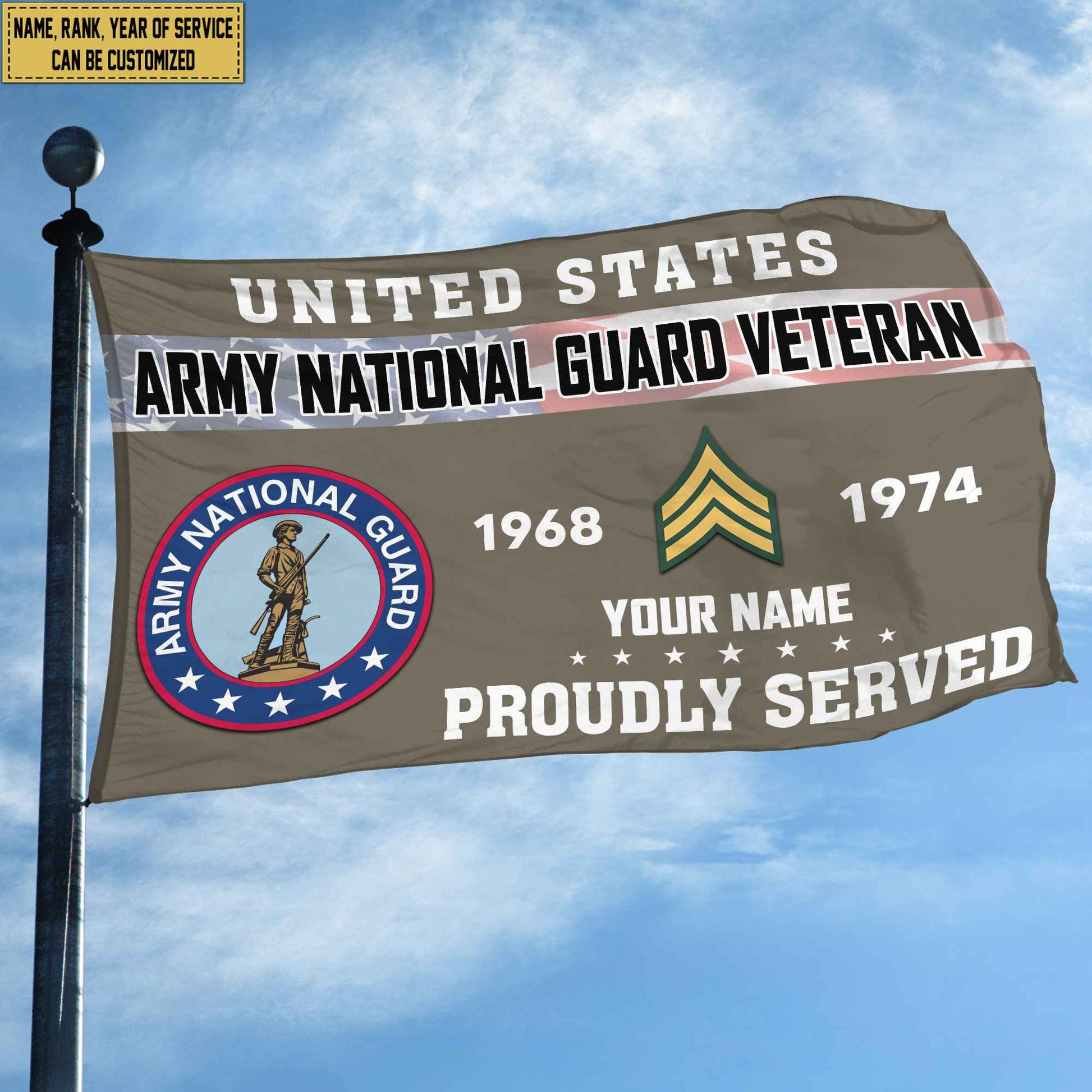 Premium US Army National Guard Grommet Flag VPVC105508, Custom Name, Rank, Year, Gifts For Army National Guard Veteran, Best Gifts On Father's Day, Armed Forces Day, Independence Day, Veterans Day.