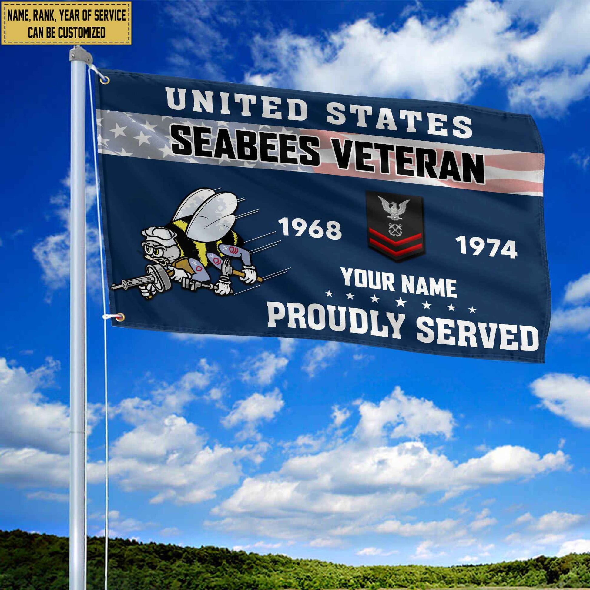 Premium US Seabees Grommet Flag VPVC105509, Custom Name, Rank, Year, Gifts For Seabees Veteran, Best Gifts On Father's Day, Armed Forces Day, Independence Day, Veterans Day.