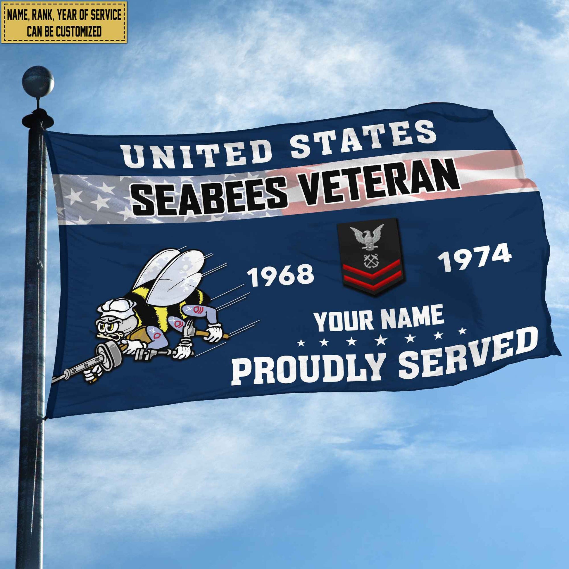 Premium US Seabees Grommet Flag VPVC105509, Custom Name, Rank, Year, Gifts For Seabees Veteran, Best Gifts On Father's Day, Armed Forces Day, Independence Day, Veterans Day.