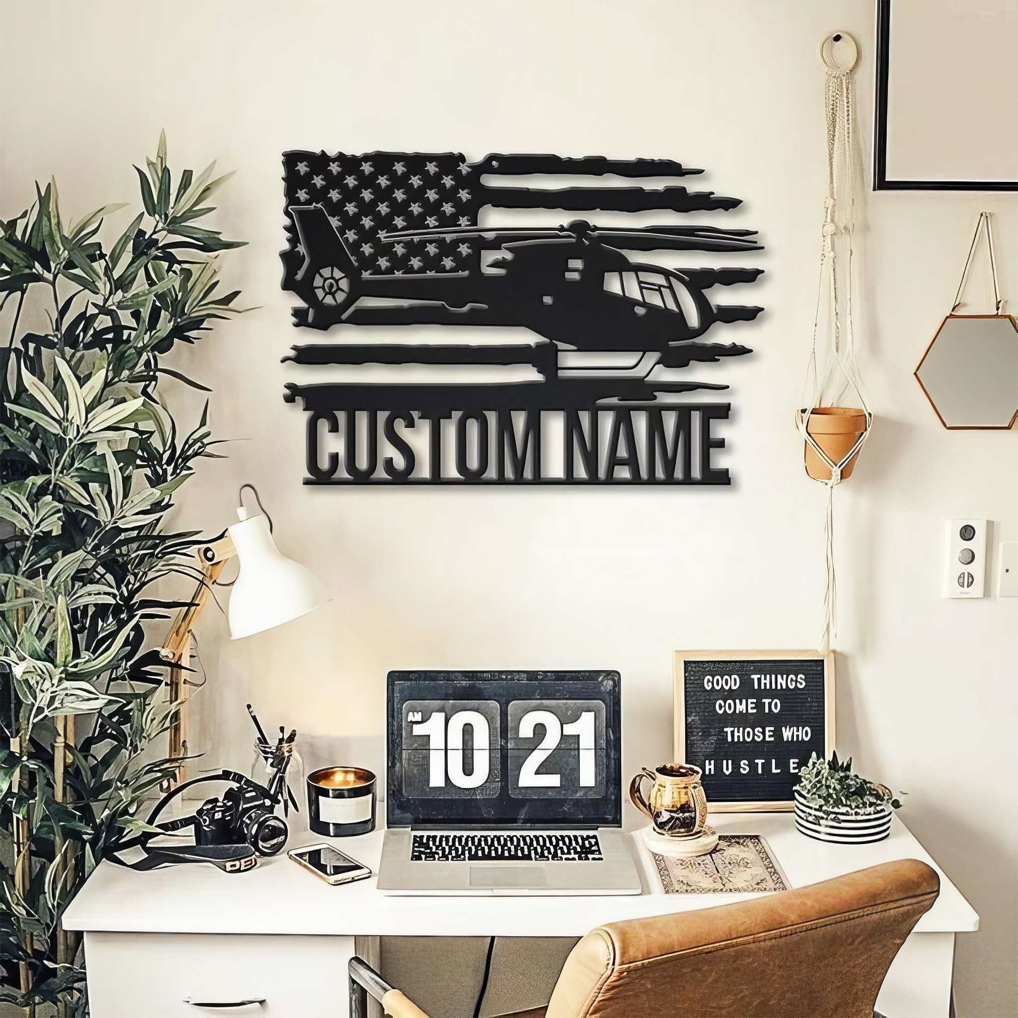 Premium Custom US Veteran Metal Signs VPVC901119, Gifts For US Veteran, Helicopter USA Flag Sign Aircraft Hangar Pilot Name Sign Airforce Patriotic Decor Gift