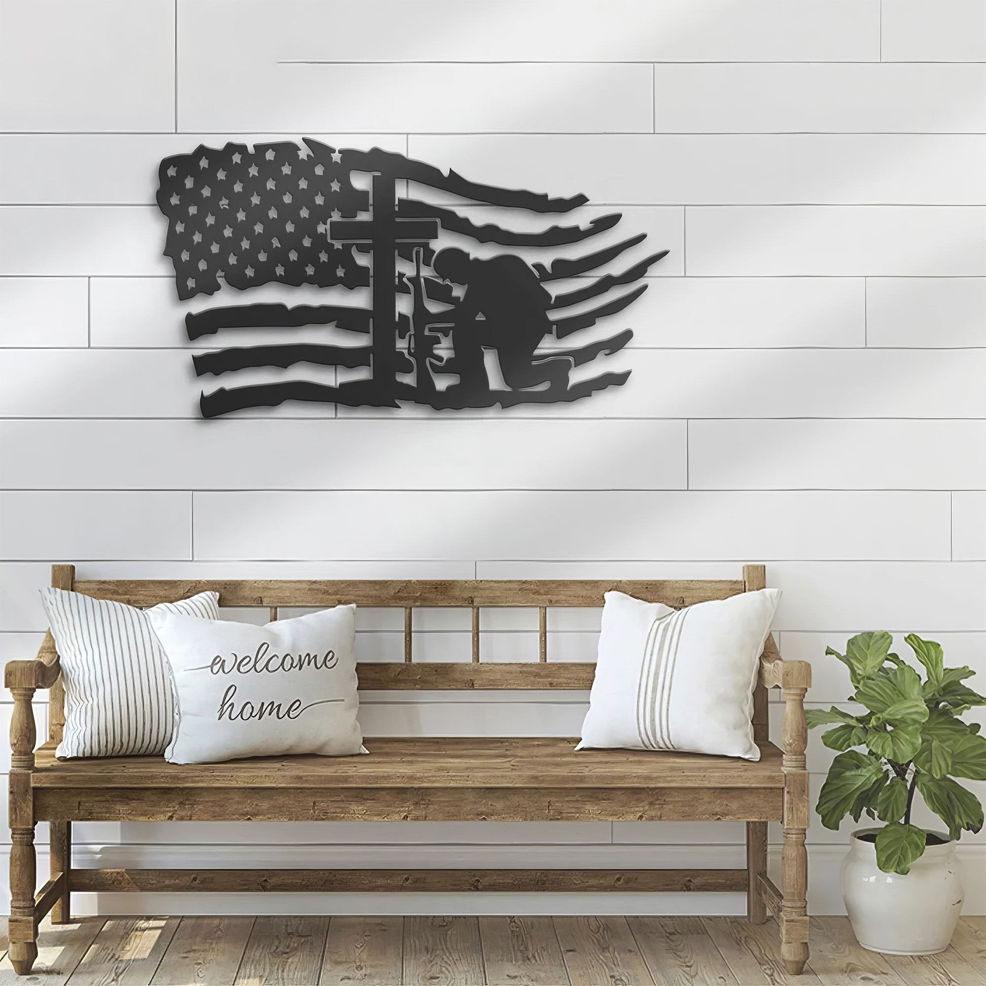 Premium US Veteran Metal Signs VPVC901165, Gifts For US Veteran, US Soldier Kneeling Praying At Memorial Cross Metal Wall Art USA Fallen Soldier Sign Veteran Patriotic Decor