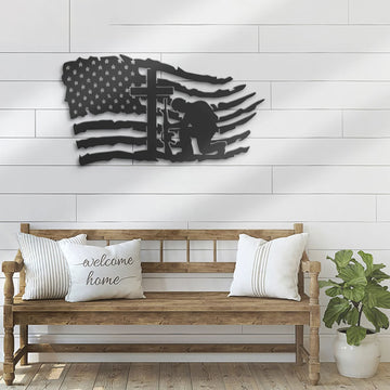 Premium US Veteran Metal Signs VPVC901165, Gifts For US Veteran, US Soldier Kneeling Praying At Memorial Cross Metal Wall Art USA Fallen Soldier Sign Veteran Patriotic Decor
