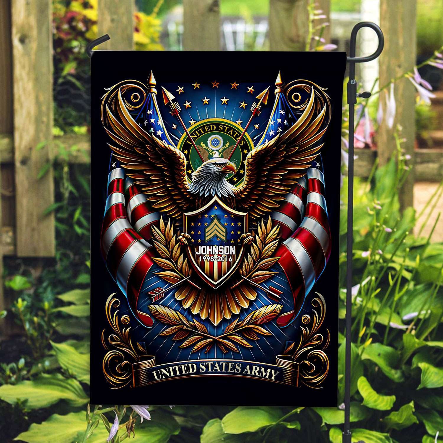 US Army Flag VPVC110401, Custom Name, Rank, Year, Gift For Army Veteran, American Flag, Patriotic Flag, Garden Flag, House Flag, Best Gifts On Father's Day, Independence Day, Veterans Day.