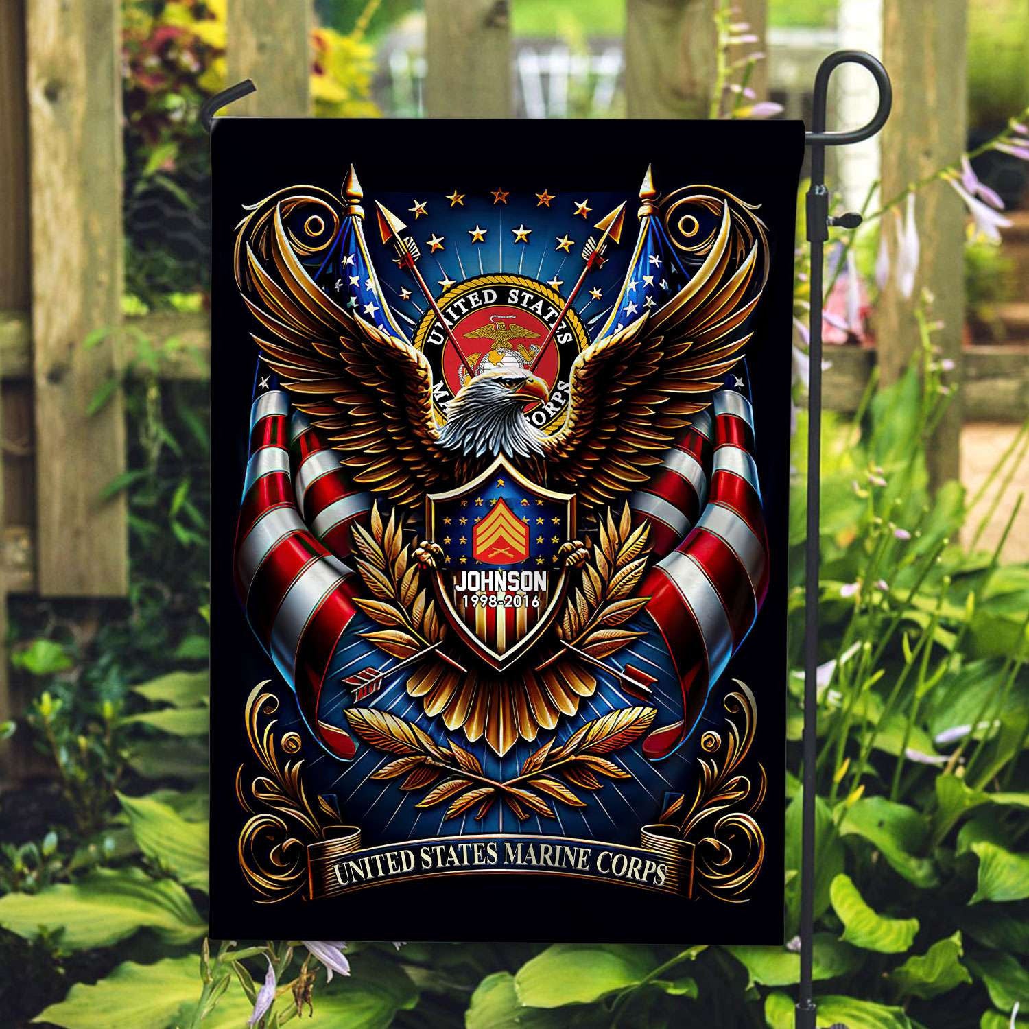 USMC Flag VPVC110403, Custom Name, Rank, Year, Gift For Marine Veteran, American Flag, Patriotic Flag, Garden Flag, House Flag, Best Gifts On Father's Day, Independence Day, Veterans Day.