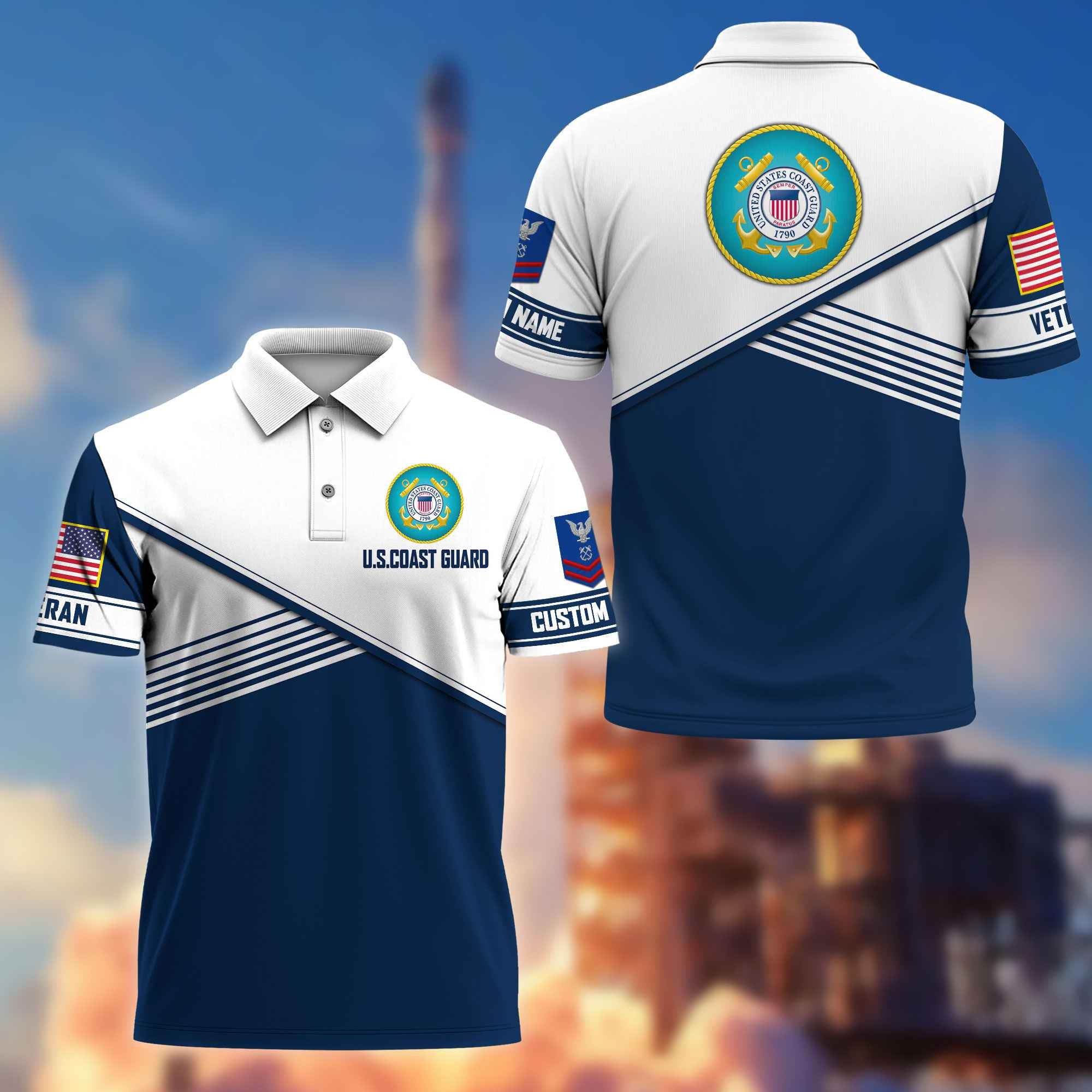 Premium USCG Polo Shirt VPVC217405, Custom Name, Rank, Gifts For Coast Guard Veteran, Best Gifts On Father's Day, Armed Forces Day, Independence Day, Veterans Day.