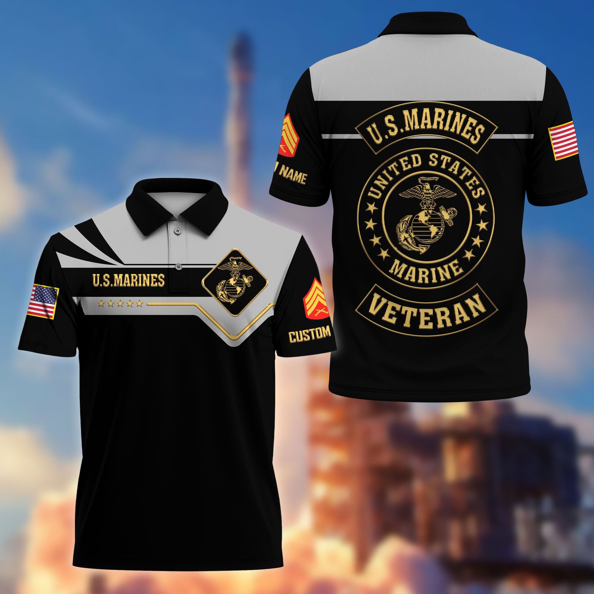 Premium USMC Polo Shirt VPVC218003, Custom Name, Rank, Gifts For Marine Veteran, Best Gifts On Father's Day, Armed Forces Day, Independence Day, Veterans Day.