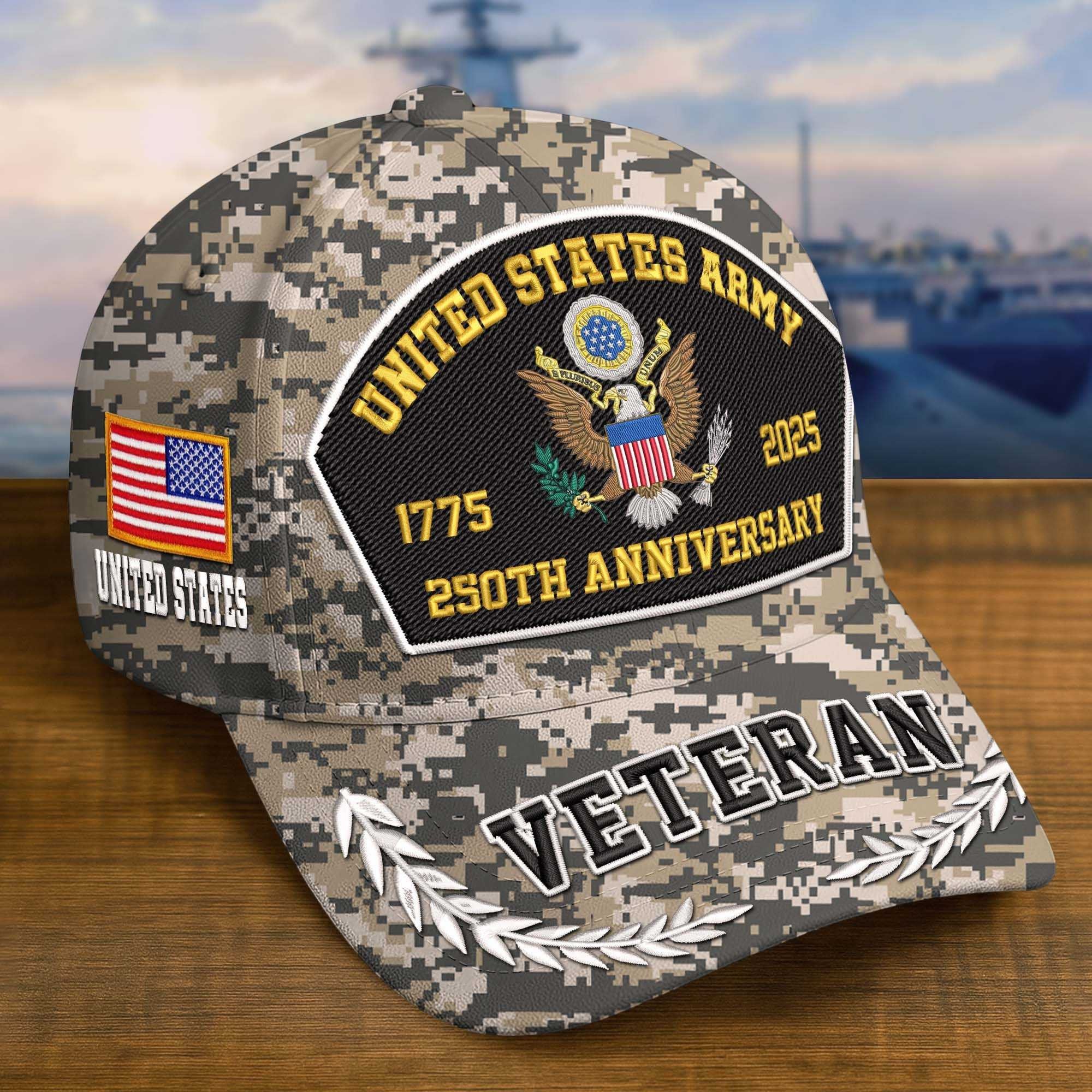 Premium Embroidered US Veterans Hats CPVC150701, 250th Anniversary, Custom Name & Rank, Gifts For US Veterans, Gifts On Veterans Day.