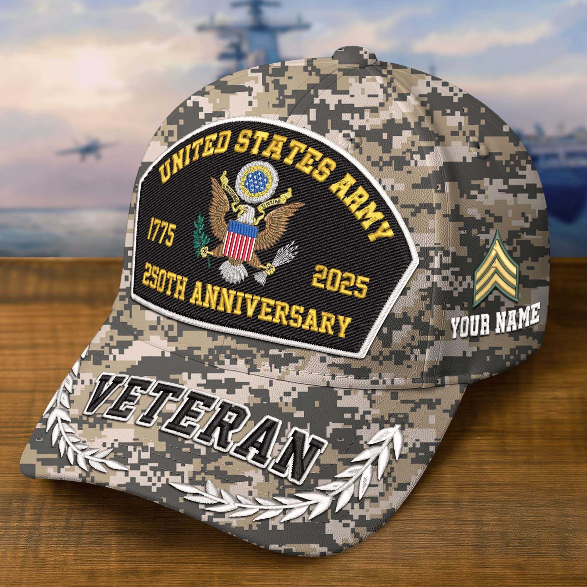 Premium Embroidered US Veterans Hats CPVC150701, 250th Anniversary, Custom Name & Rank, Gifts For US Veterans, Gifts On Veterans Day.