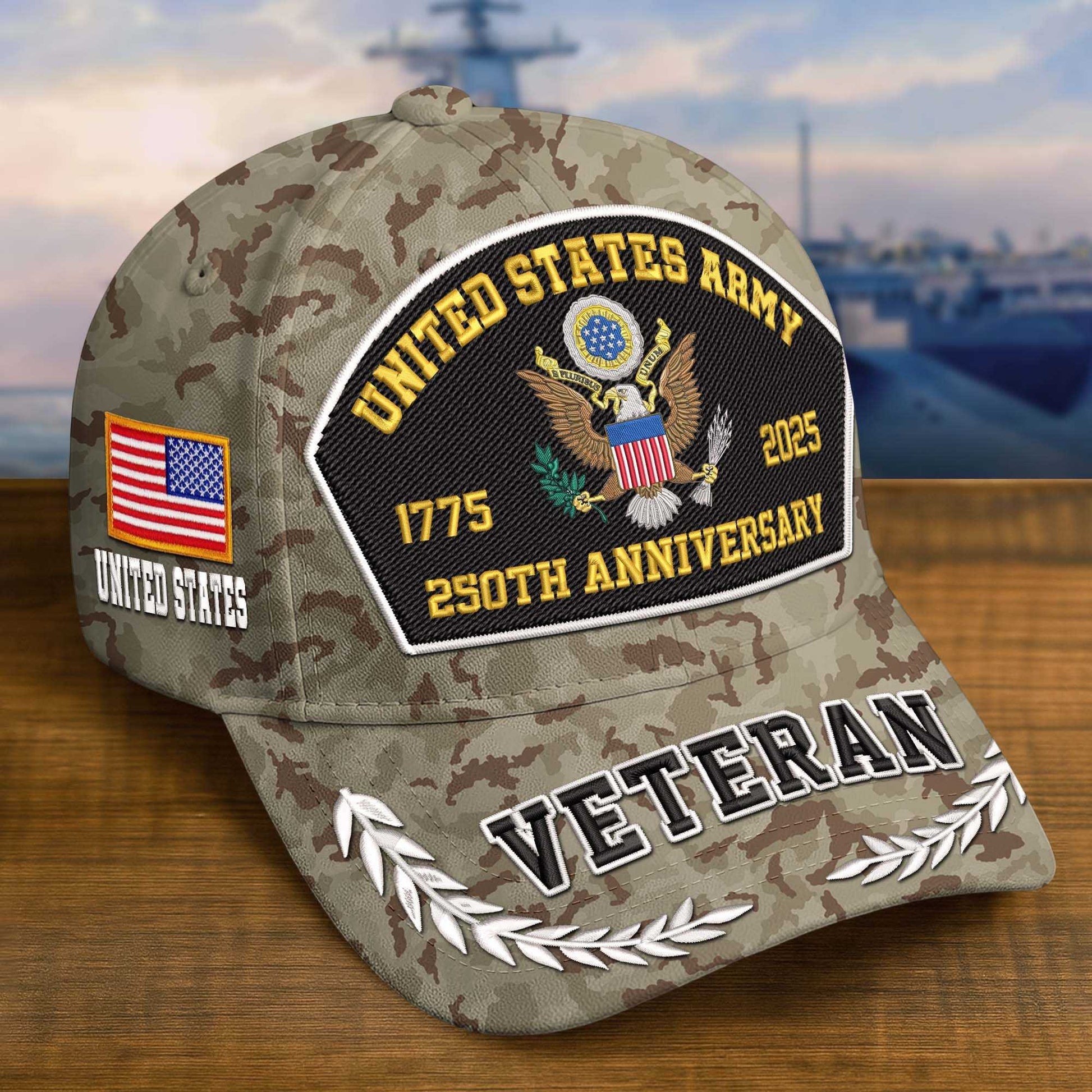 Premium Embroidered US Veterans Hats CPVC150701, 250th Anniversary, Custom Name & Rank, Gifts For US Veterans, Gifts On Veterans Day.