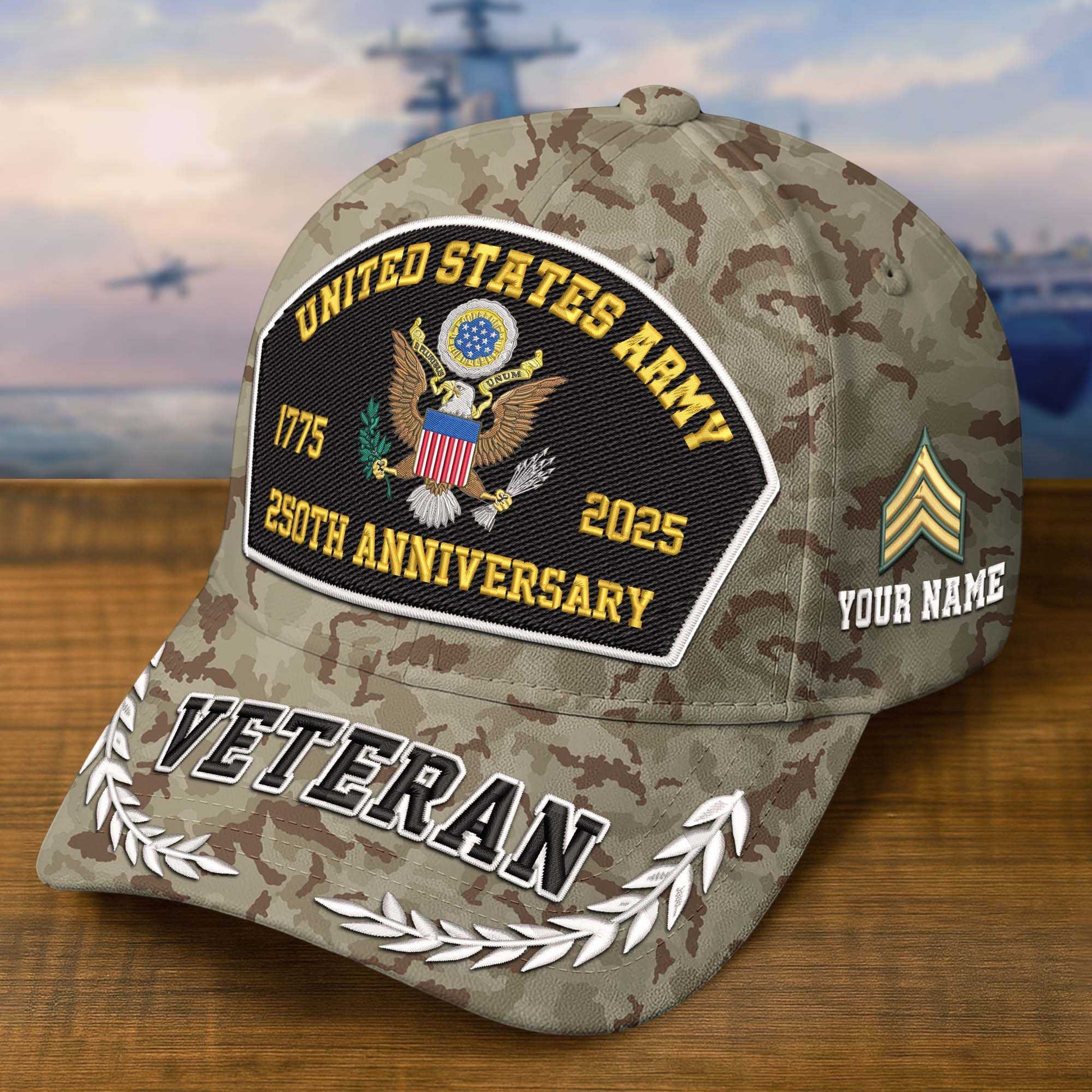 Premium Embroidered US Veterans Hats CPVC150701, 250th Anniversary, Custom Name & Rank, Gifts For US Veterans, Gifts On Veterans Day.