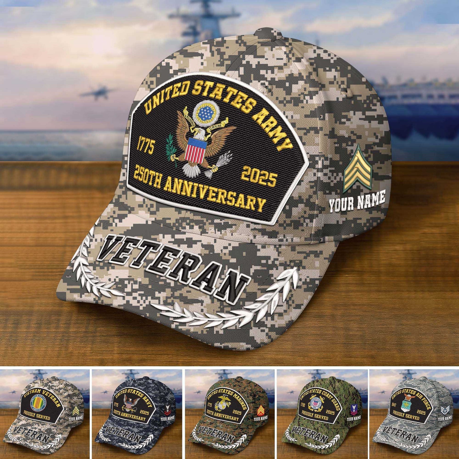 Premium Embroidered US Veterans Hats CPVC150701, 250th Anniversary, Custom Name & Rank, Gifts For US Veterans, Gifts On Veterans Day.