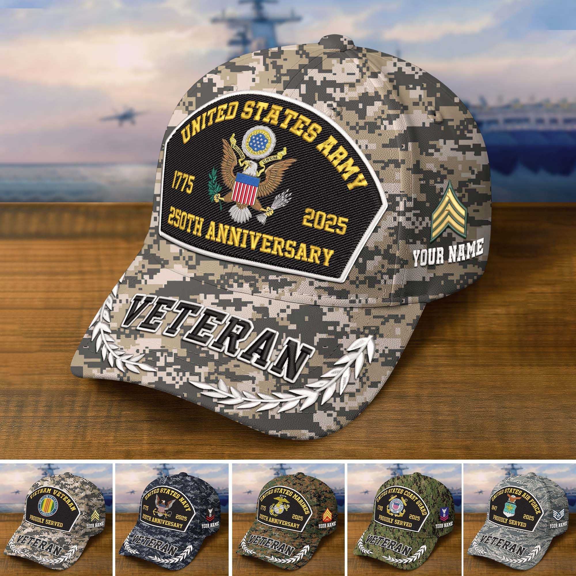 Premium Embroidered US Veterans Hats CPVC150701, 250th Anniversary, Custom Name & Rank, Gifts For US Veterans, Gifts On Veterans Day.