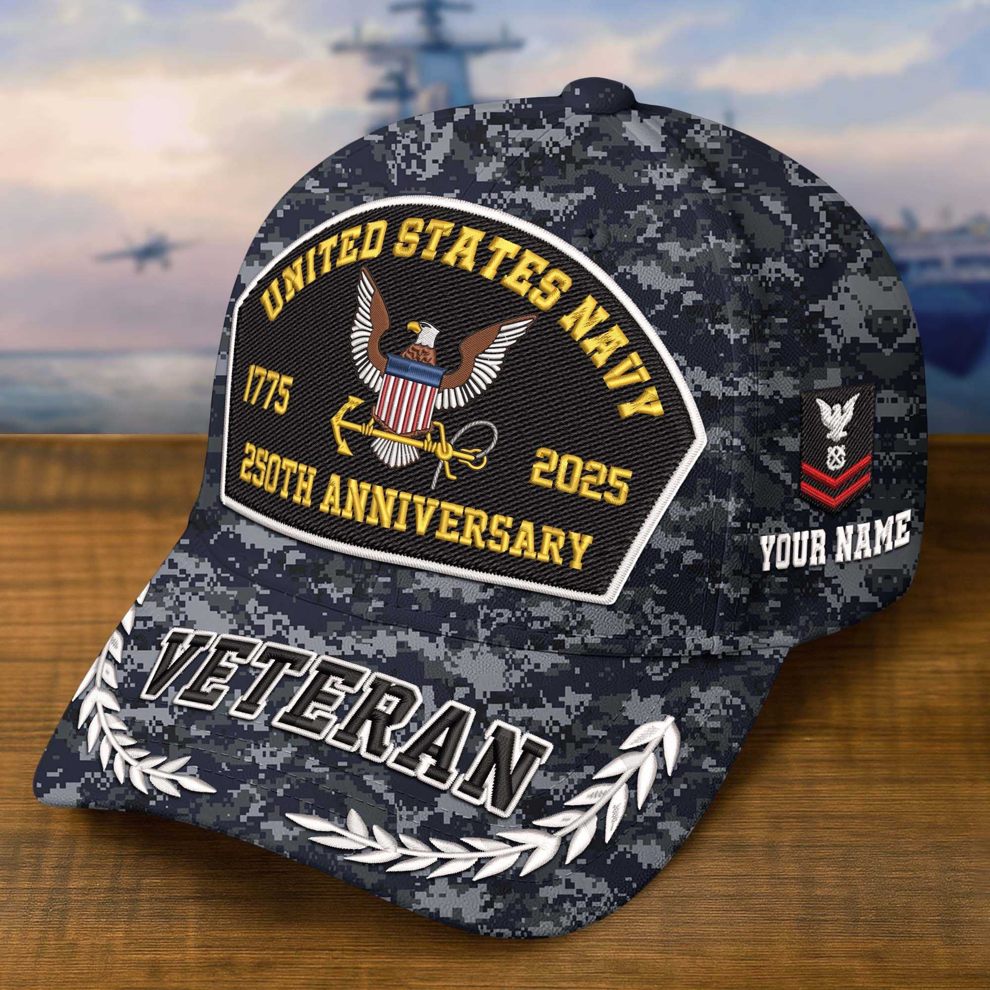 Premium Embroidered US Veterans Hats CPVC150701, 250th Anniversary, Custom Name & Rank, Gifts For US Veterans, Gifts On Veterans Day.