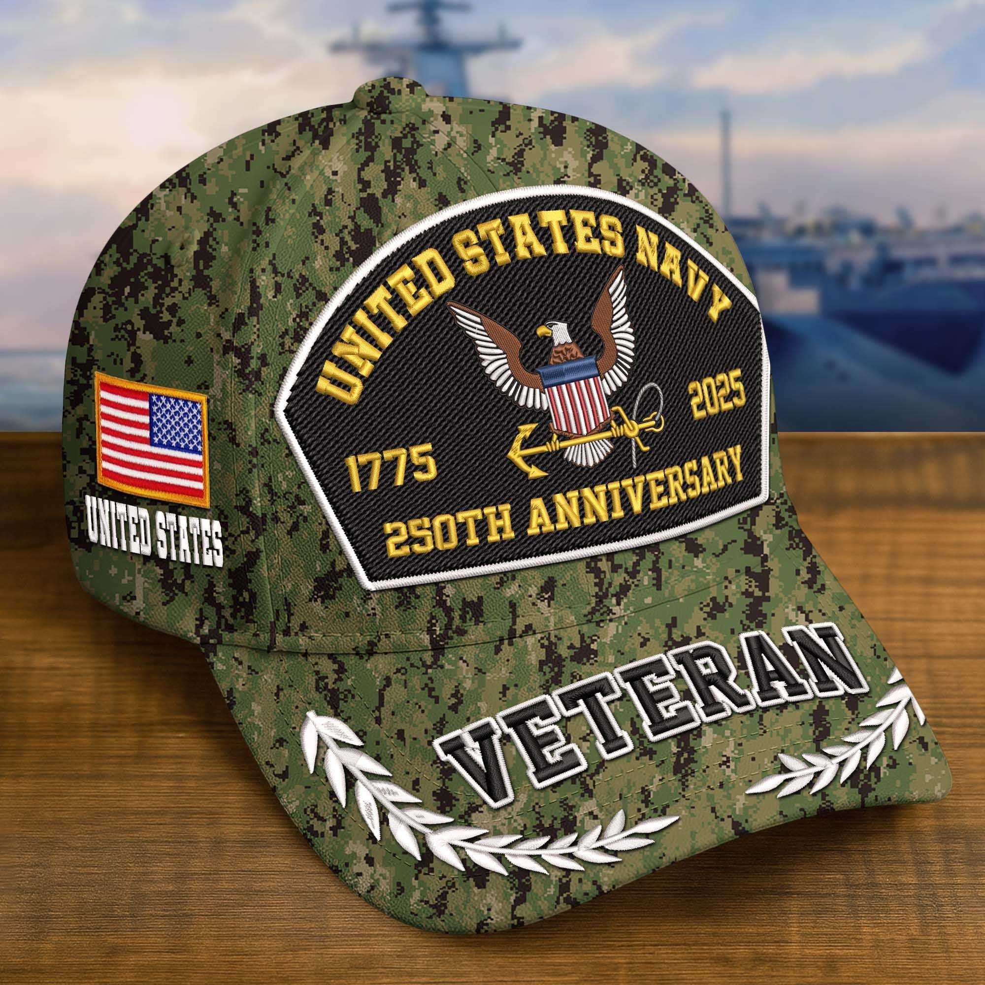 Premium Embroidered US Veterans Hats CPVC150701, 250th Anniversary, Custom Name & Rank, Gifts For US Veterans, Gifts On Veterans Day.