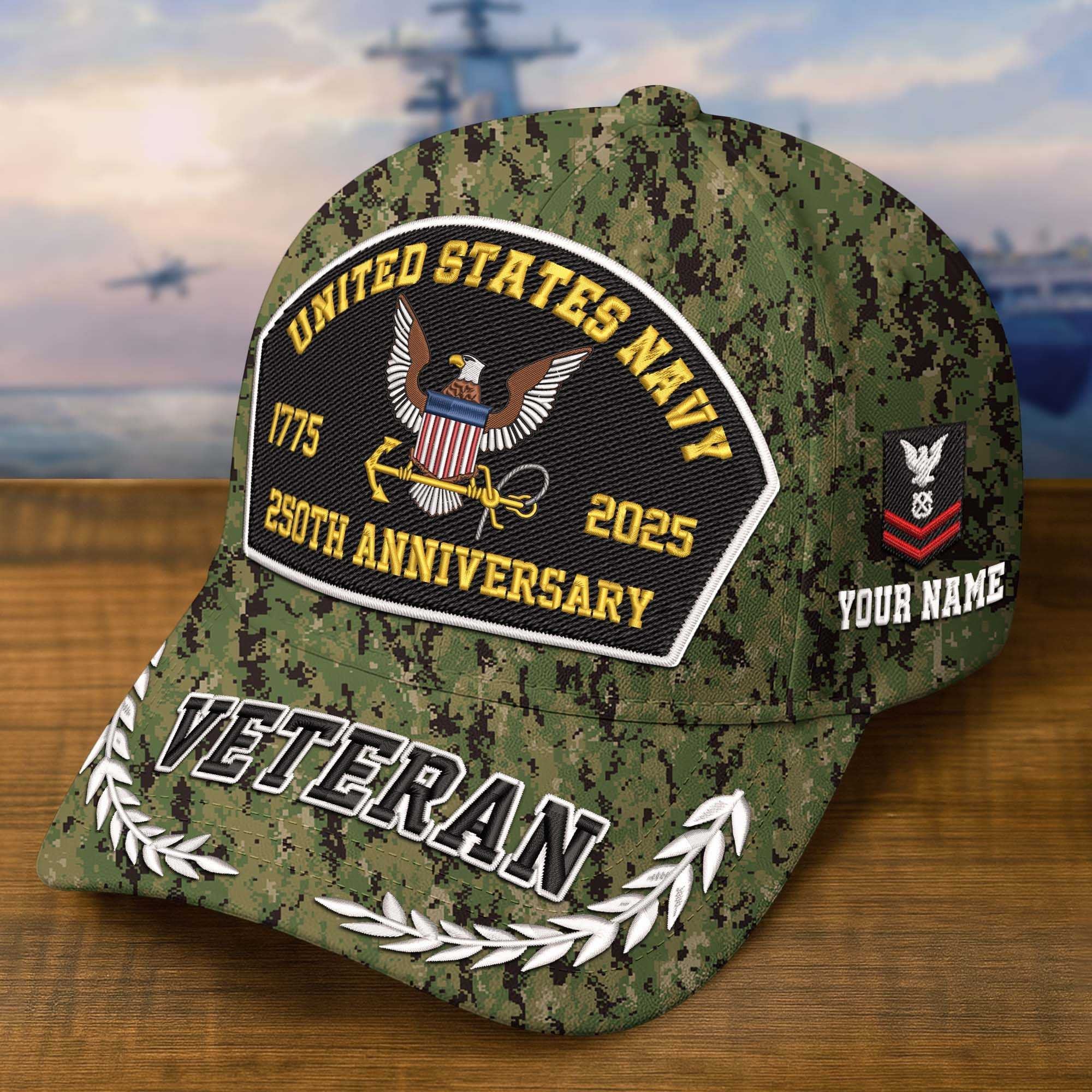 Premium Embroidered US Veterans Hats CPVC150701, 250th Anniversary, Custom Name & Rank, Gifts For US Veterans, Gifts On Veterans Day.