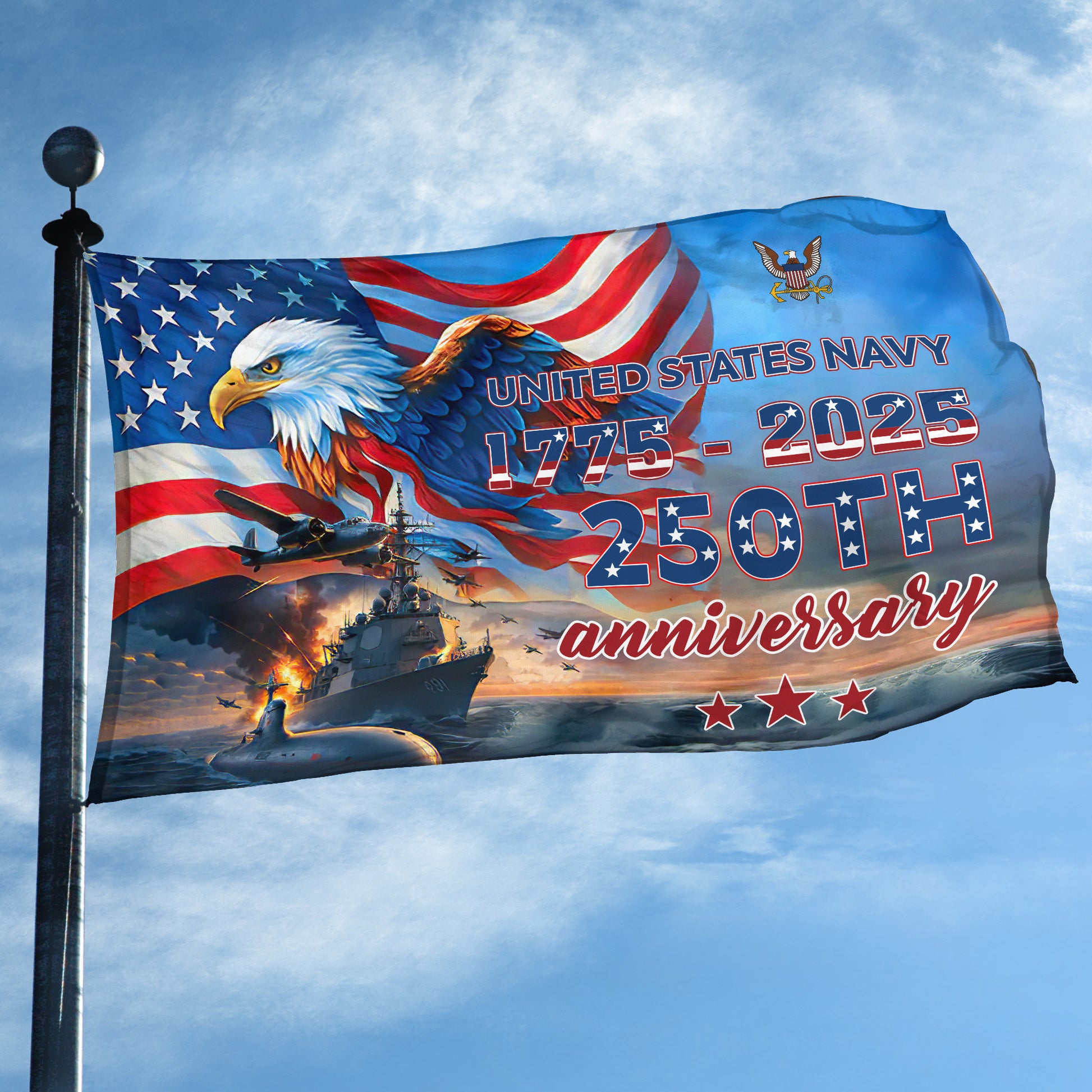 Premium US Navy Grommet Flag VPVC120029, 250th Anniversary Navy Flag, Gifts For Navy Veteran, Best Gifts On Father's Day, Veterans Day.